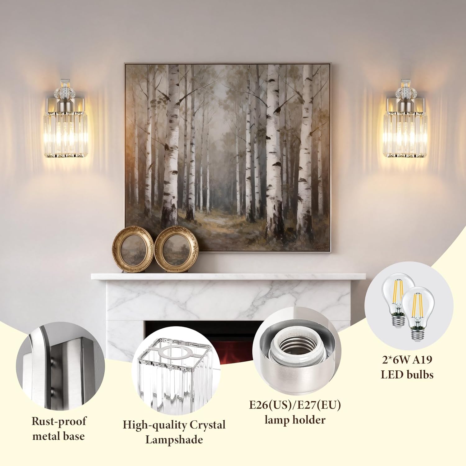 Wall Sconces Set of 2, Nickel Wall Sconce with Crystal Lampshade, Modern Vanity Lights for Bathroom, Wall Lights for Living Room Bedroom, Includes 2 LED Bulbs