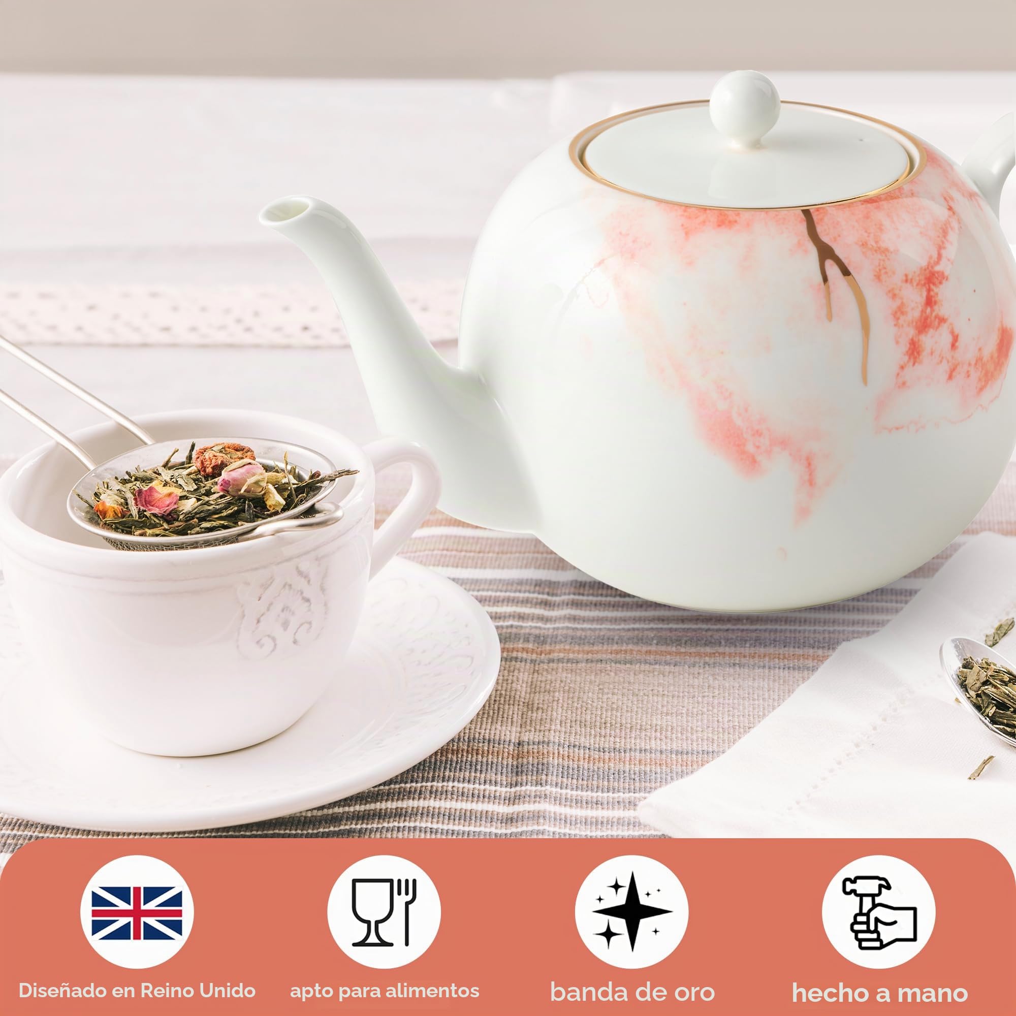 London Boutique Juego de tetera de porcelana fina (1,2 L, con borde dorado, filtro integrado)