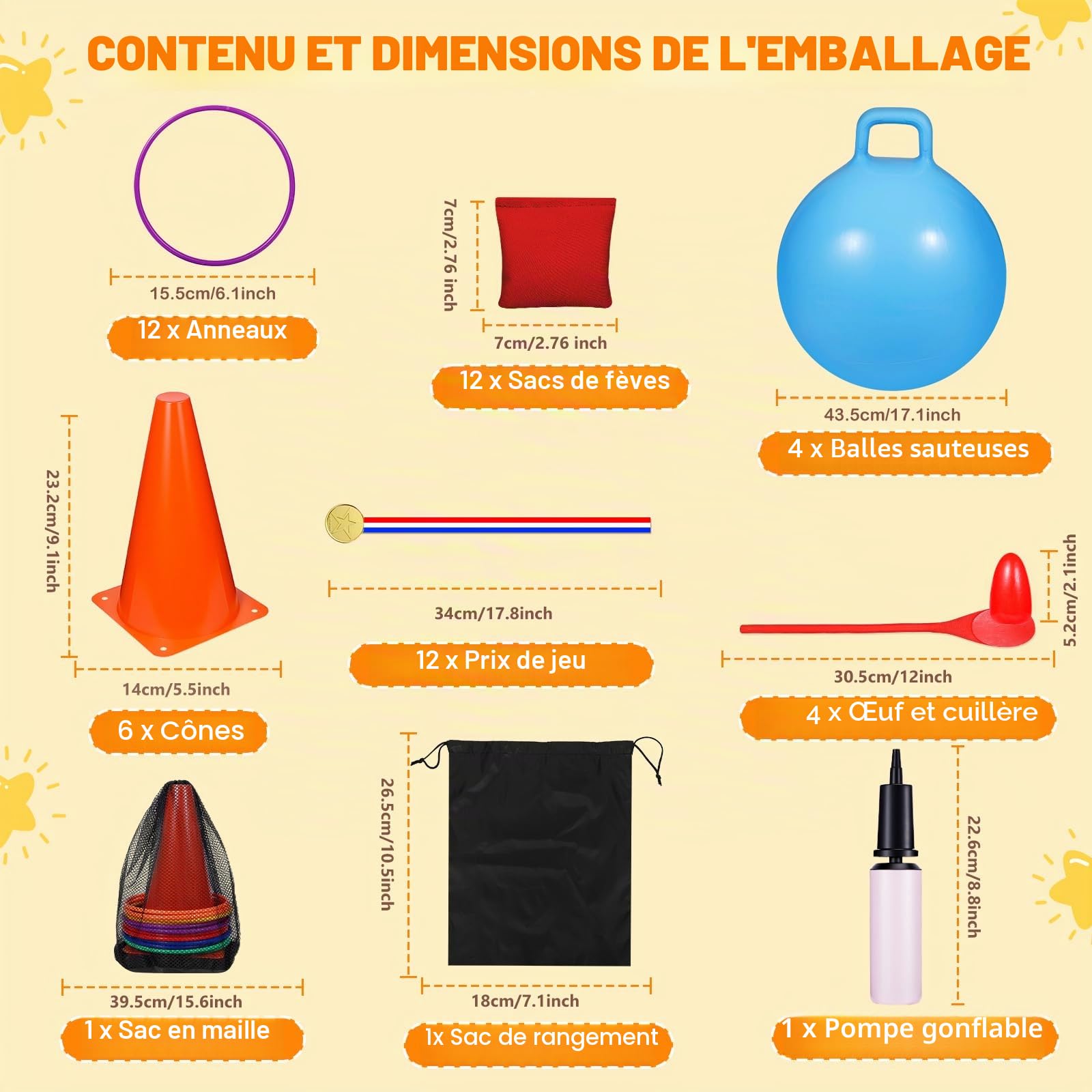 CWLAKON Jeu de Kermesse Extérieur 53 Pièces avec 5 Activités, Balles Sauteuses, Course à l‘Œuf, Lancer d‘Anneaux pour Anniversaire, Fête de Jardin et Rassemblements Familiaux
