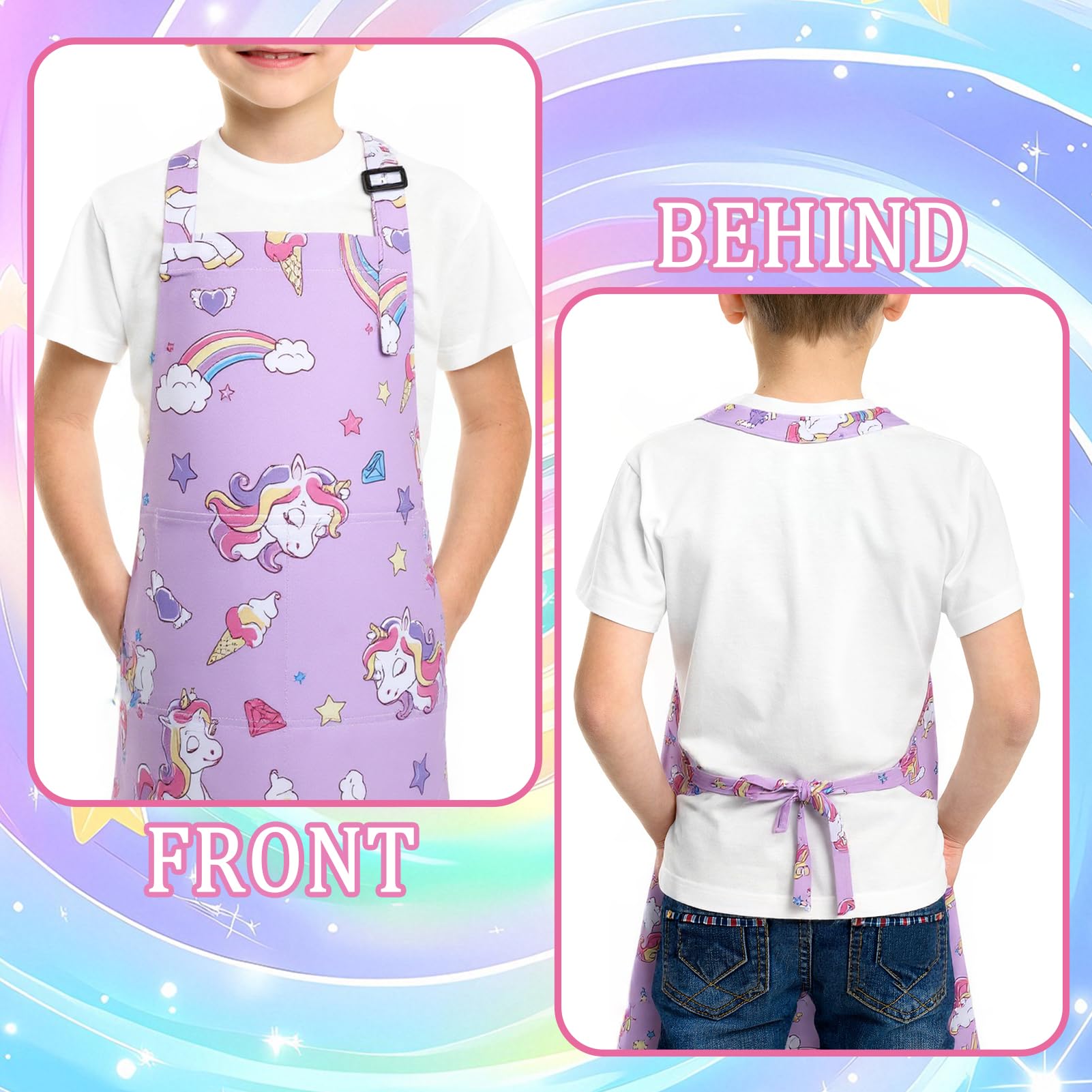 saerryor Unicorn Apron and Chef Hat for Kids Adjustable Children's Apron with 2 Pockets for Kitchen Cooking Baking Painting Gardening,Cute Unicorn Gift for Boys Girls,S - Image 4