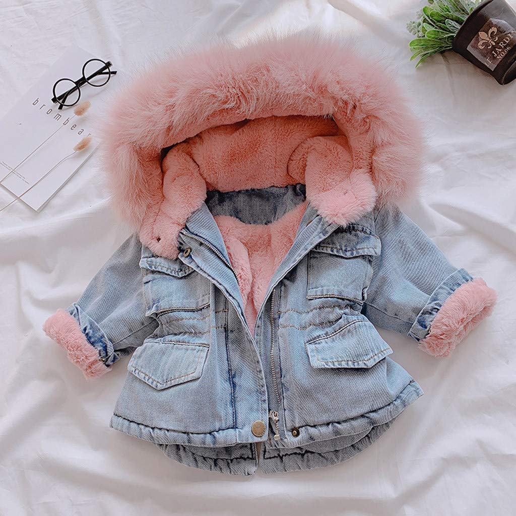 Kleinkind Baby Jeansjacke Herbst Winter Kinder Mädchen Denim Outwear mit Kapuze Faux-Pelz Vlies Warmer Steppjacke Pelzkragen Starker Mantel (Rosa-A,100/2-3 T)