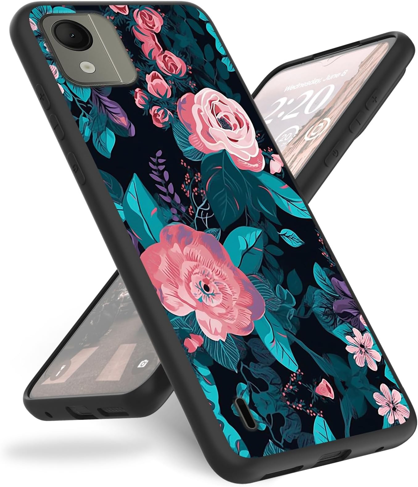 Case for Nokia C110 N156DL,for Nokia C110 Phone Case,Slim Anti-Scratch Shockproof Durable Black Silicone Protective Cover Case for Nokia C110 6.3" 2023,Pink Flowers