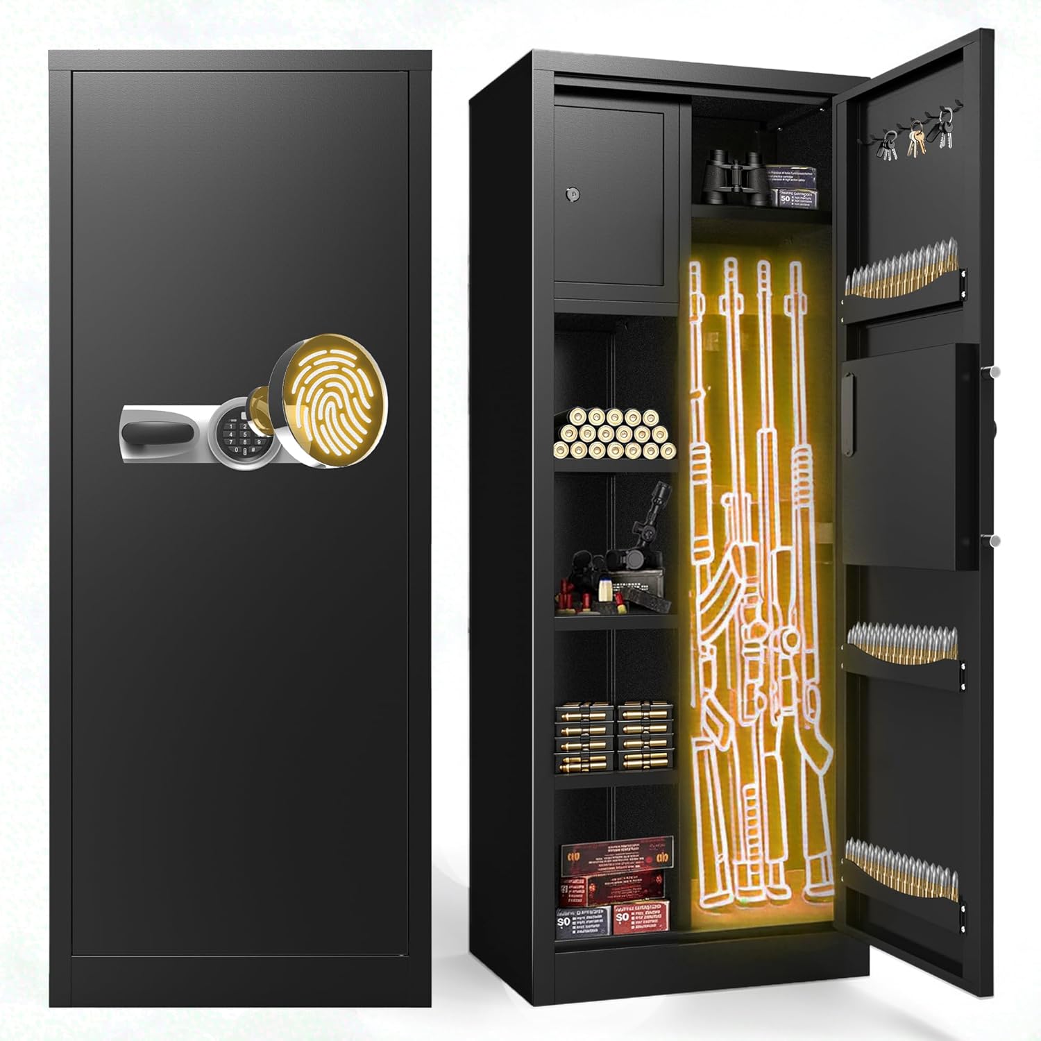 Biometric Gun Gafe, 10-15 Gun Safe for Rifles and Pistols with Dual Alarm & Mute System, Fingerprint Gun Cabinet for Home with Adjustable Rack & Removable Shelves, Assembly Required