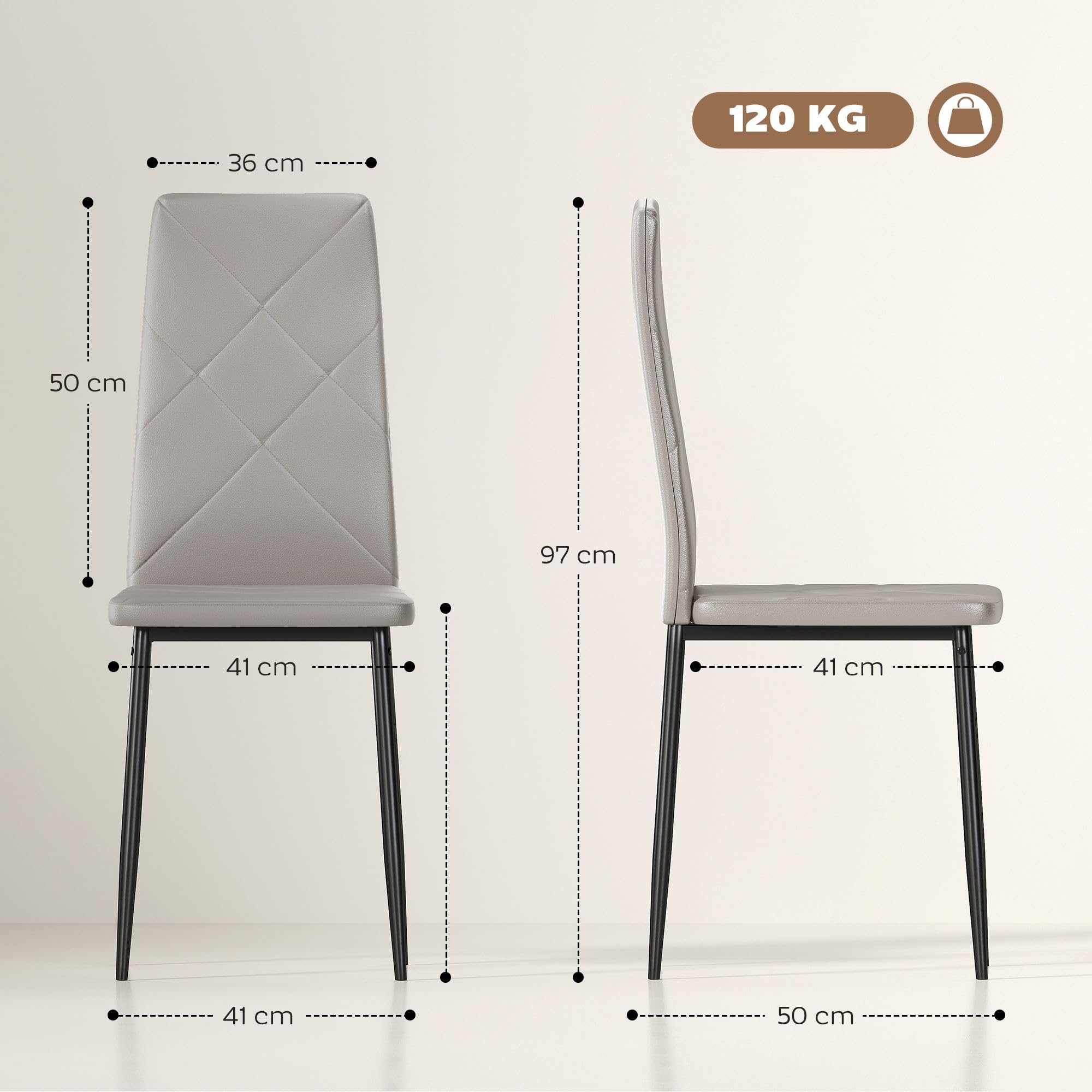 HOMCOM Pack de 4 Sillas de Comedor, Sillas de Cocina Modernas, Tapizadas de Cuero Sintética, Respaldo Alto, Asiento Acolchado, Patas de Acero, Gris