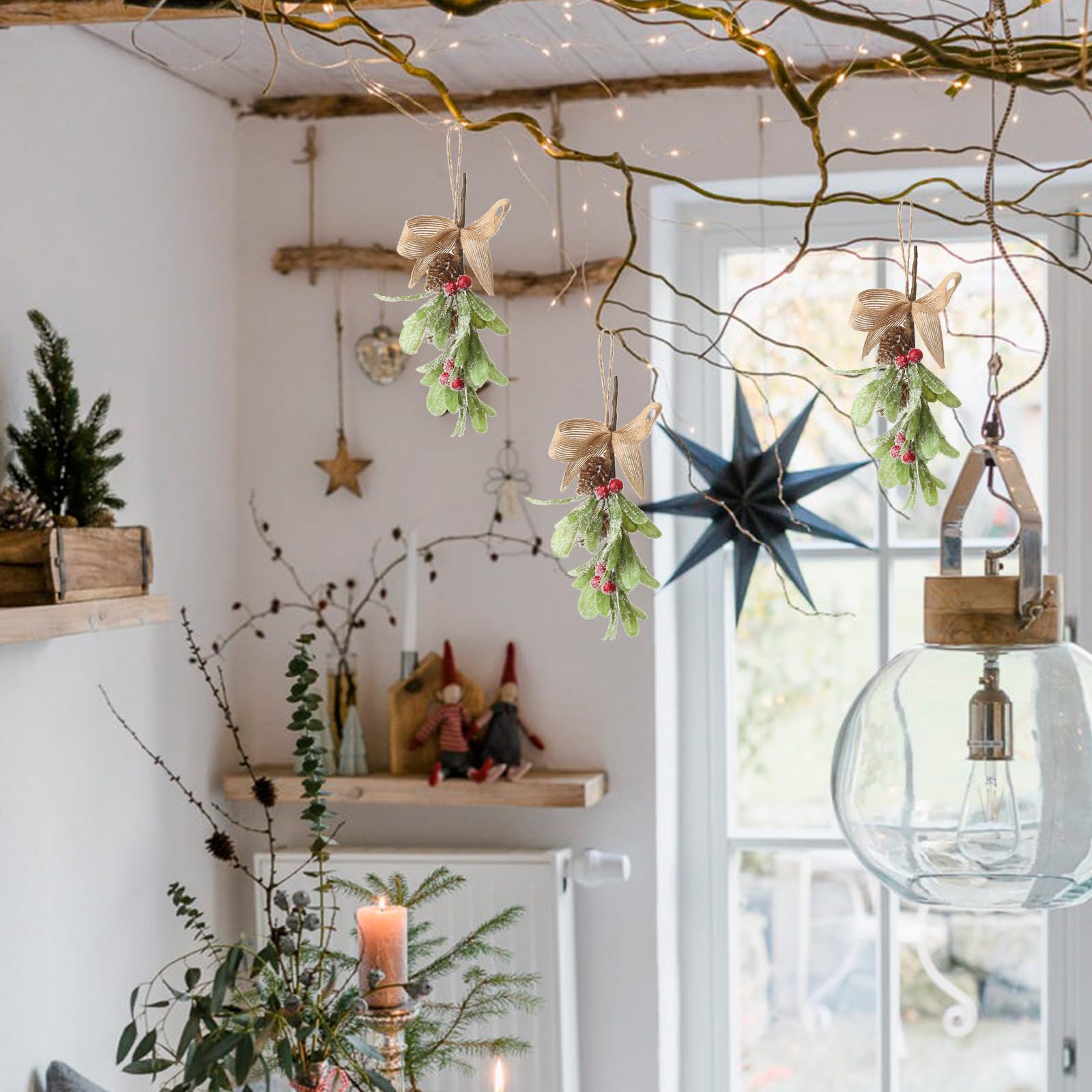 DAHI 3 adornos de muérdago artificial de Navidad con cinta, decoraciones de muérdago para colgar, muérdago artificial, conos de pino, decoración navideña, ramo de adornos