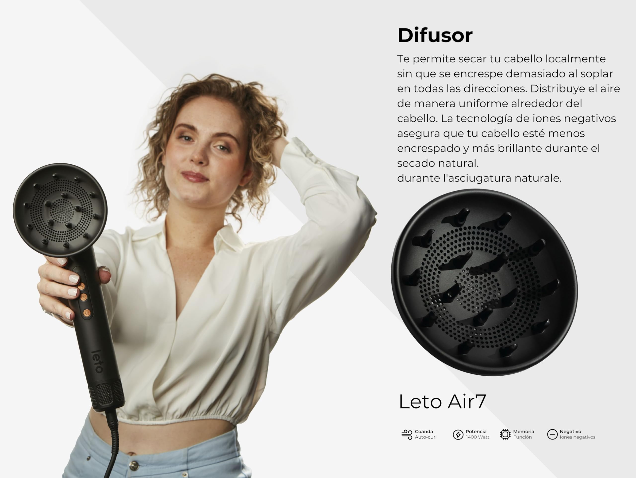 Leto 7en1 Cepillo de aire caliente y secador – cepillo redondo, rizador, ondulador, alisador, difusor, concentrador, Coanda, iones, 1400W BLDC