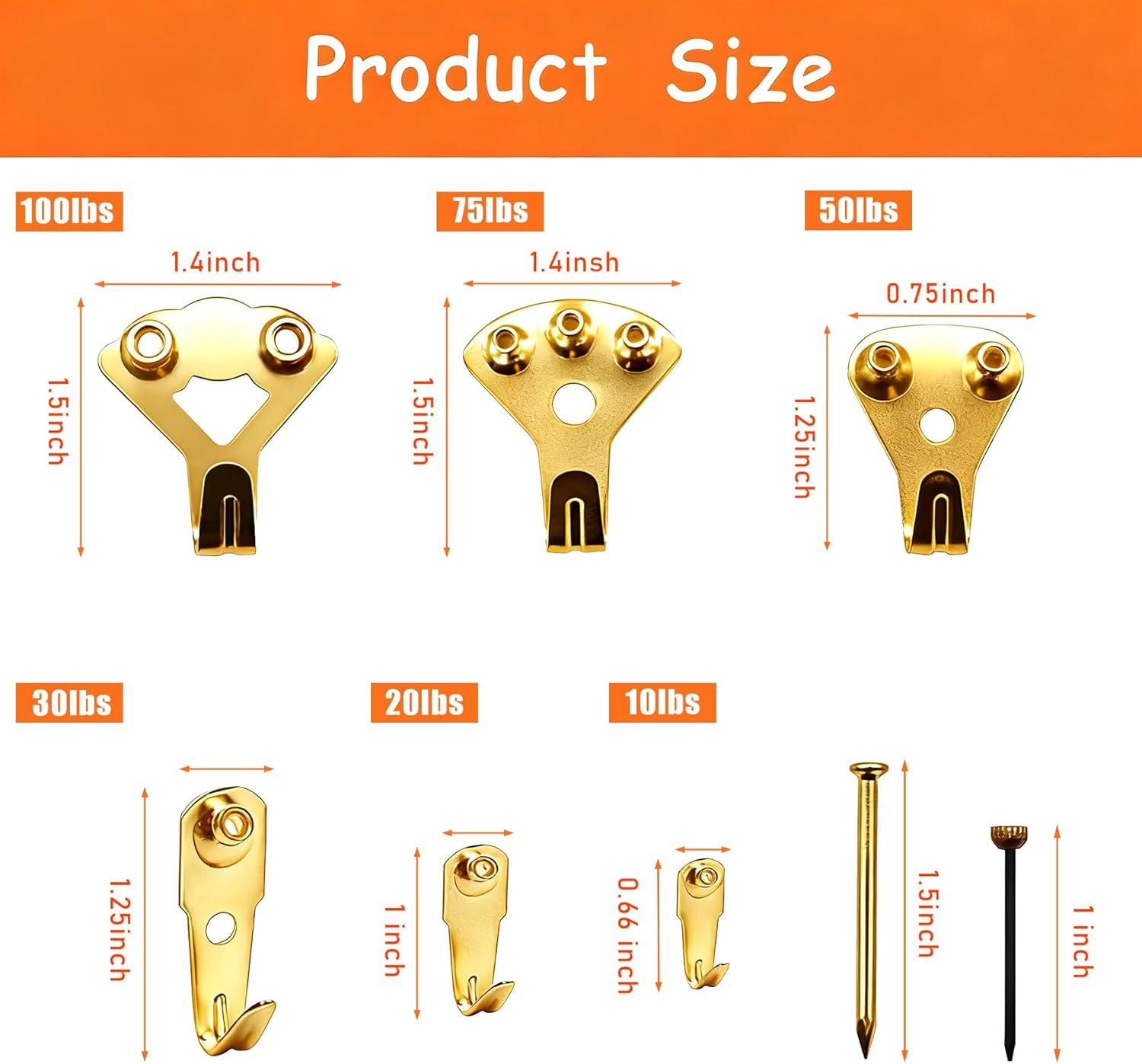 Dianrui Picture Hanging Kit 103 PCS Heavy Duty Picture Hangers Hooks (10-100lbs) with Nails, Gold Picture Hanging Hooks for Drywall & Wooden & Plaster Wall—6 Models