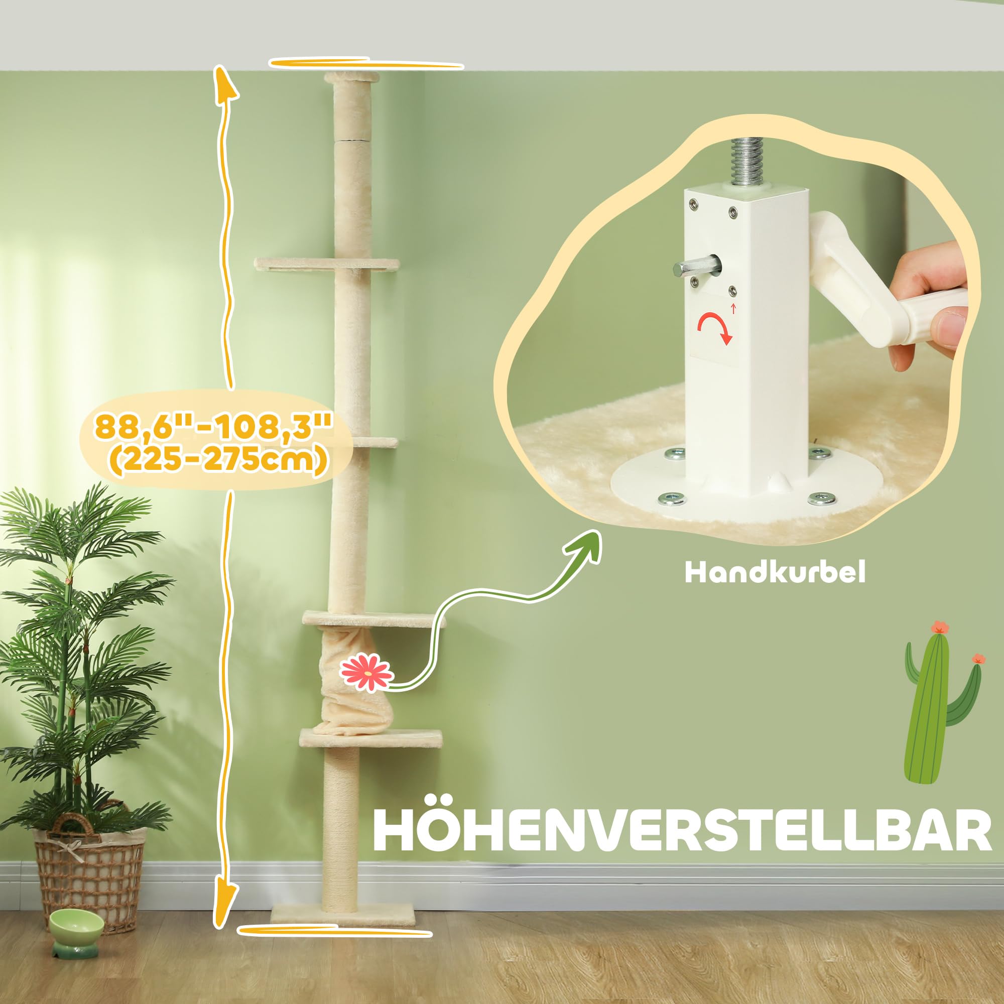 PawHut Kratzbaum Deckenhoch Höhenverstellbar 225-275 cm Cremeweiß | Katzenbaum, Katzenkratzbaum mit Kratzsäulen, 5 Plattformen, Katzenturm für mittelgroße Katzen