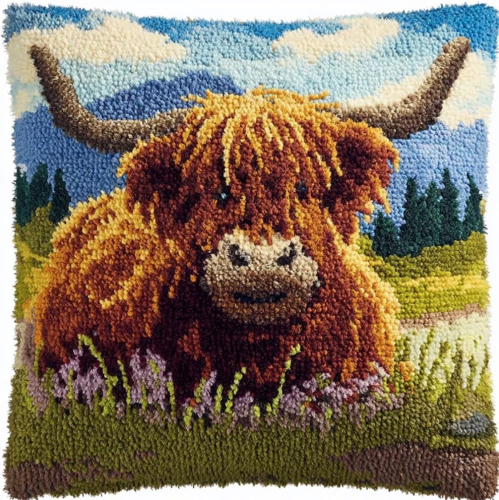 AxiangziK Latch Hook Kit for Adults 43x43cm,Highland Cattle