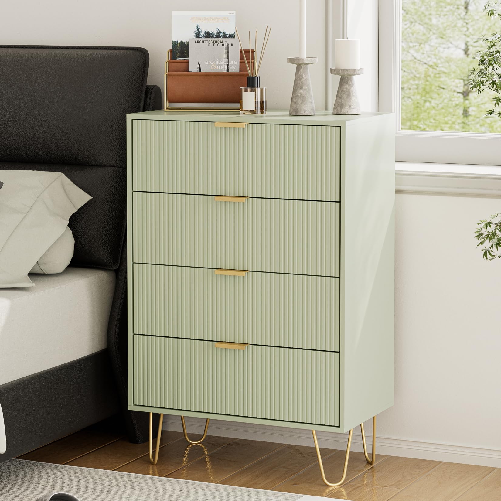 HEYZOEY Green Chest of 4 Drawers for Bedroom, 60x34x91cm, Wood Storage Dresser Bedroom Furniture Cabinet for Living Room,Office,Lounge,Green