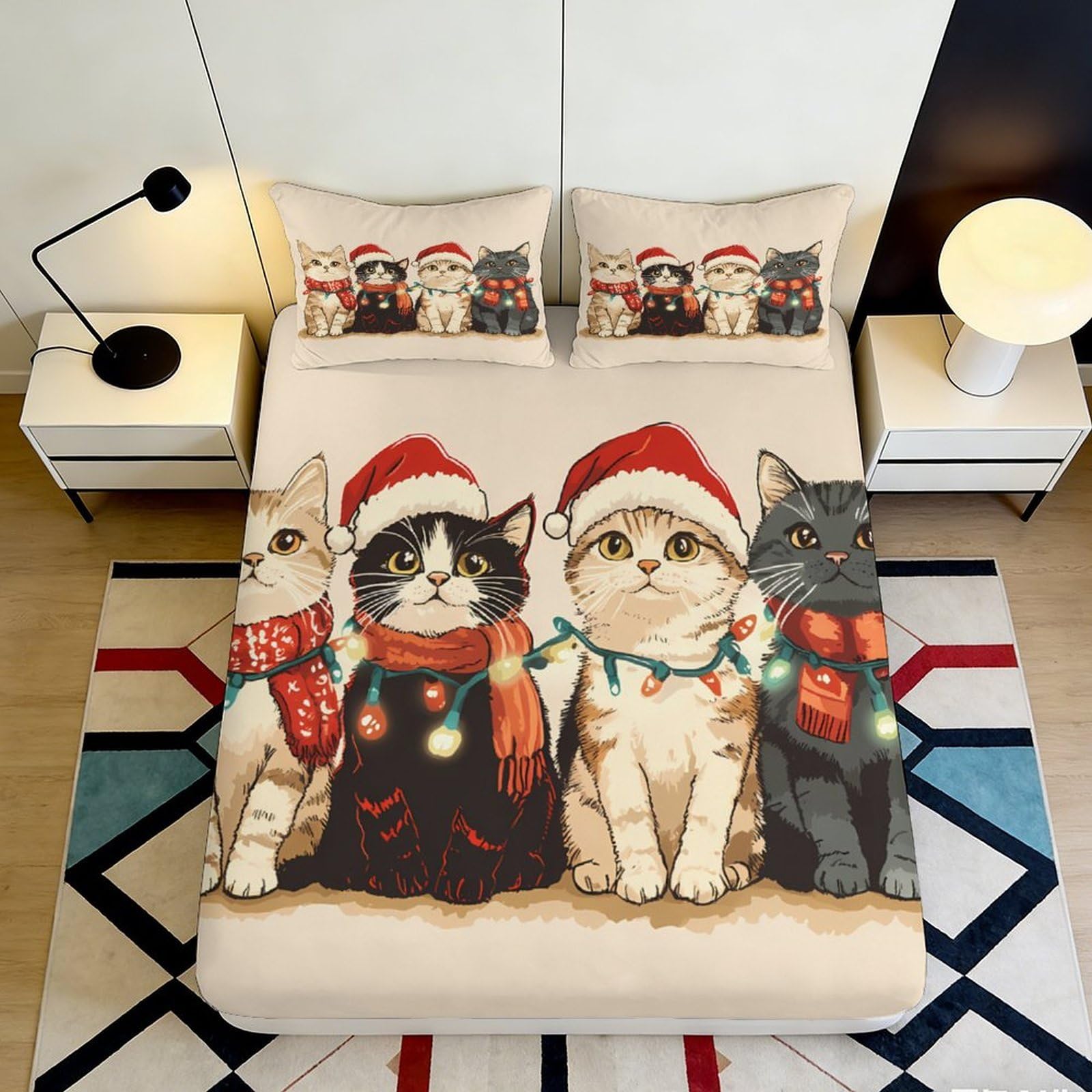 3D Printed Christmas Cat Fitted Sheet Microfiber Soft Festive Santa Kitten Bed Cover for Bedroom Decor 90x200x25cm