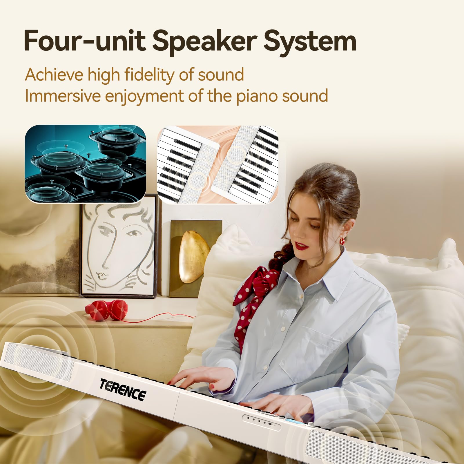 TERENCE Pieghevole Pianoforte Digitale 88 Tasti semi-pesati con batteria da 1800 mAh Altoparlanti 2x5W Bluetooth interfaccia MIDI supporto per spartiti Borsa Cavo audio con Pedale di sostegno Bianco