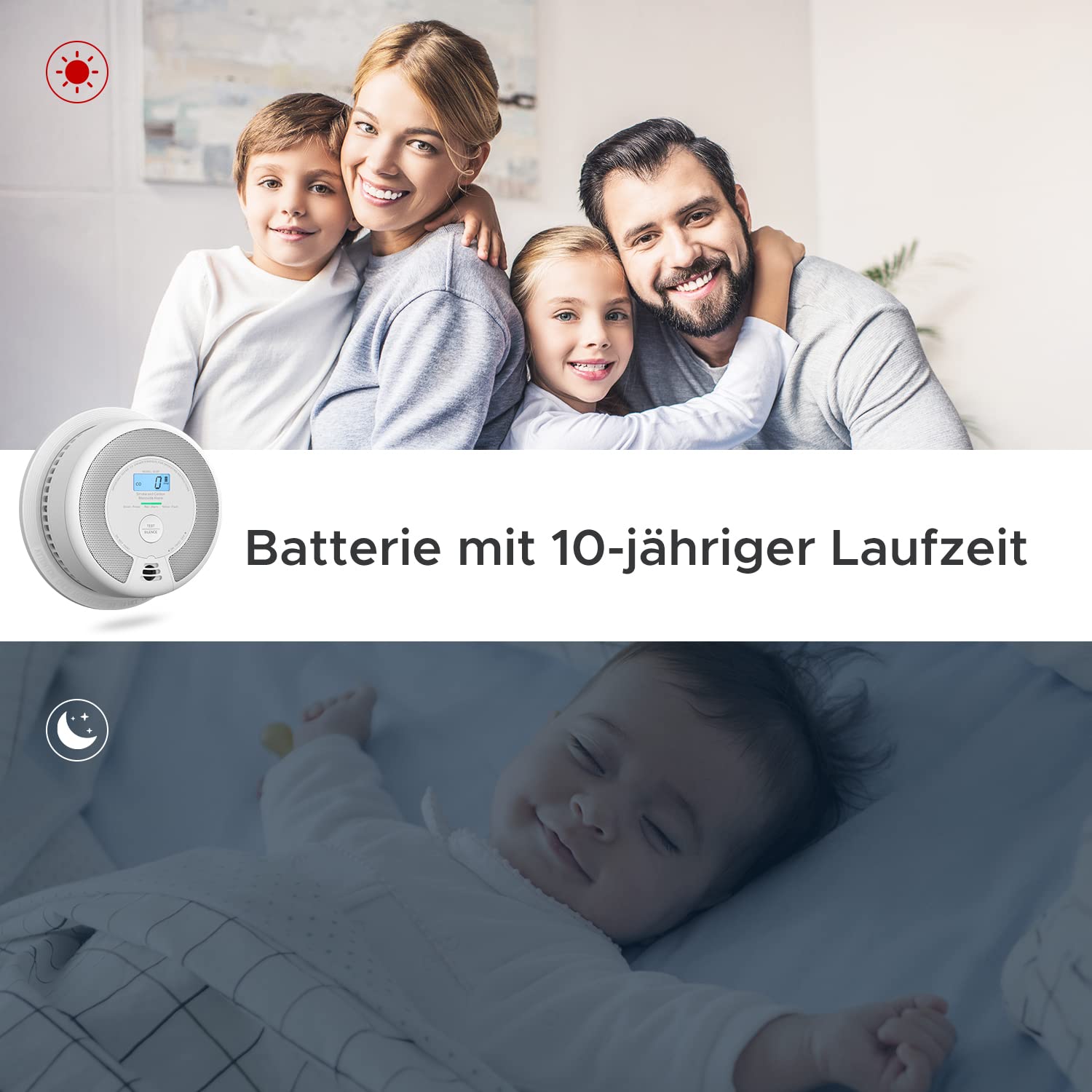 X-Sense SC07 Rauch- und Kohlenmonoxid-Melder, autonom, 10 Jahre, mit LCD-Display und Testtaste, 360-Grad-Überwachung, automatische Überprüfung