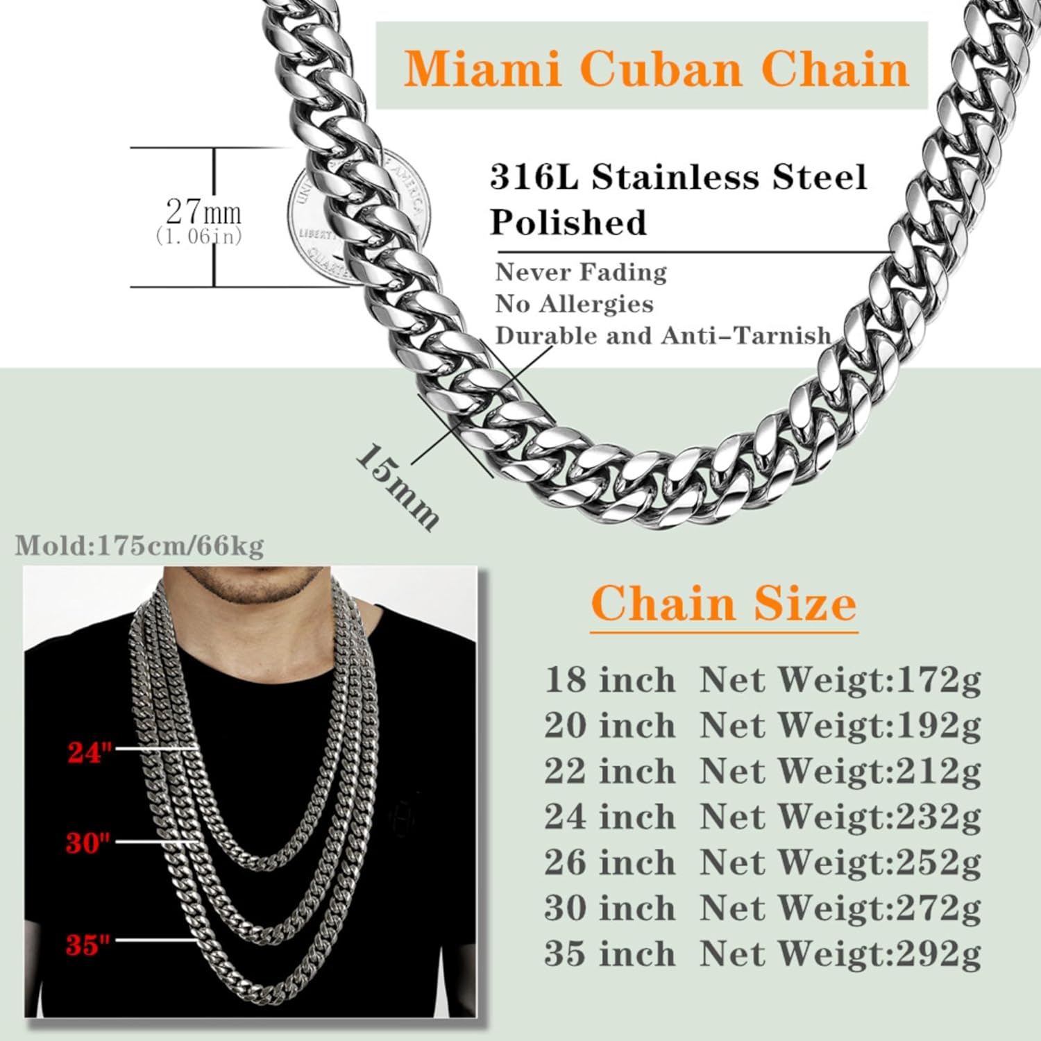 ROWIN&CO Miami Cuban Link Chain for Men 15mm Silver Stainless Steel Curb Necklace, Hip Hop Jewelry, Durable & Anti-Tarnish Mens Chain 18" 20" 22" 30" Inch, Pops Gifts For Fathers Boyfriends, Sons - Image 5