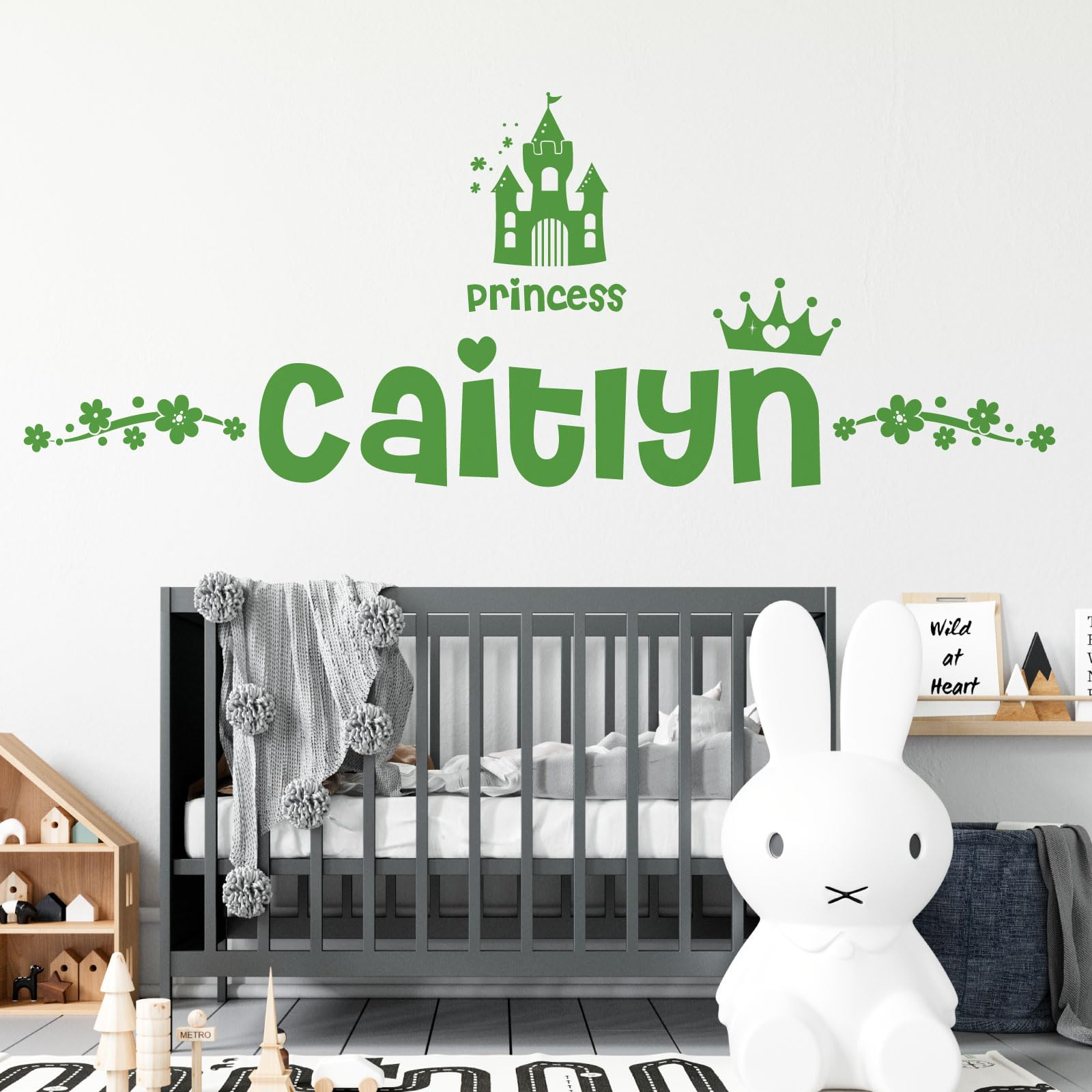 Personalised Name Girls Wall Art Sticker - Princess Disney Castle Crown Floral Motive [Large] [Grass]