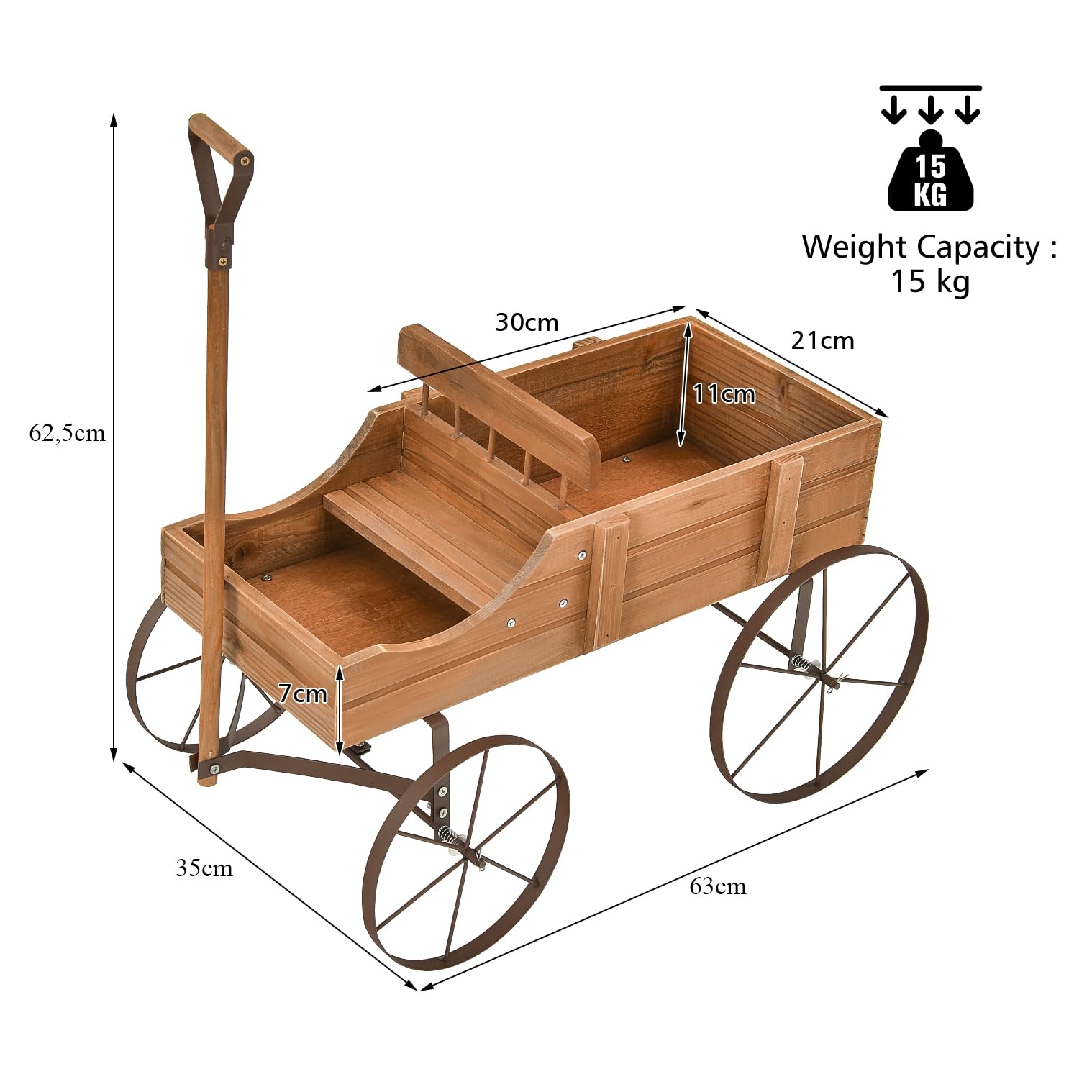HOMASIS Jardinera Carrito de Madera para Plantas, Carretilla con Ruedas de Metal y 2 Compartimentos, Maceta en Forma de Monociclo Decorativo para jardín, terraza, Patio, 63x35x62,5cm (Marrón)