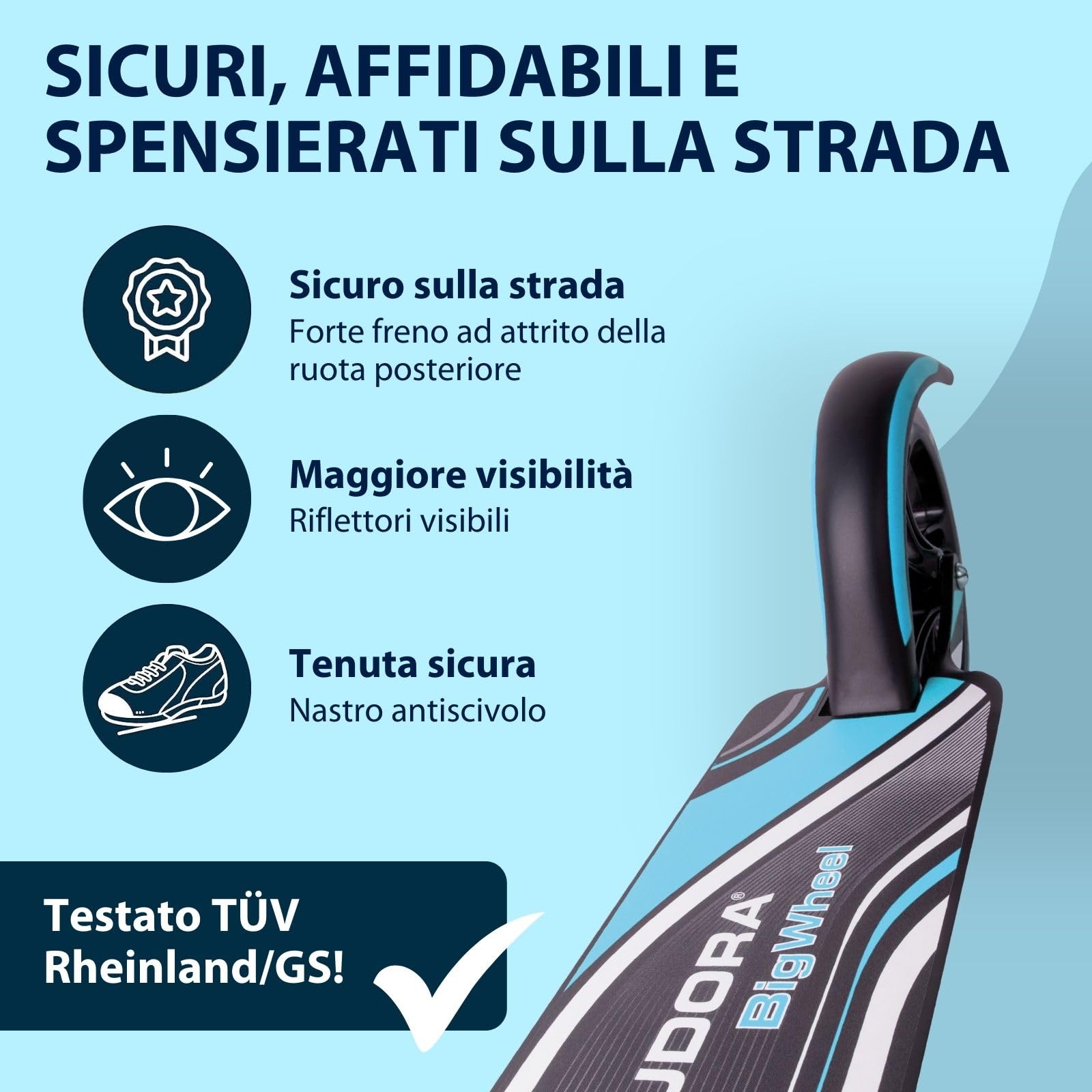 HUDORA Monopattino BigWheel 205 - Monopattino in alluminio resistente - Monopattino pieghevole regolabile con cavalletto - Monopattino sportivo per bambini e adulti fino a 100 kg - nero/blu