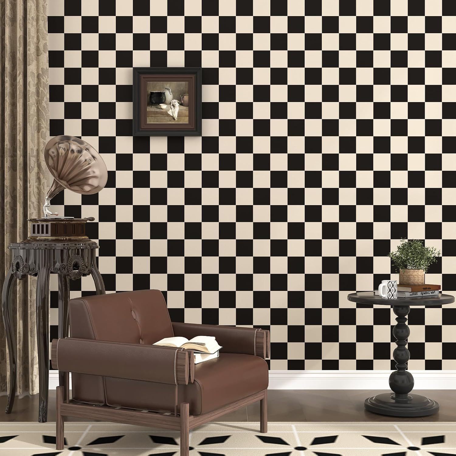 17.5"x314" Black and Brown Checkered Wallpaper Vintage Plaid Geometric Contact Paper Waterproof Self Adhesive Checkerboard Wall Paper for Backsplash Bedroom Wall Table Cabinets Decorative