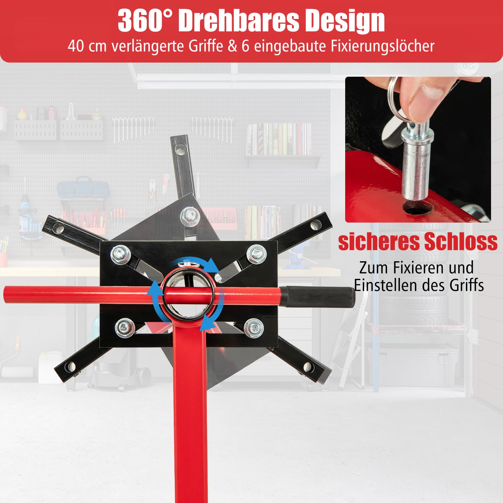 GYMAX Soporte de Motor de 3/4 Toneladas de Capacidad con Cabezal Giratorio de 360°, 4 Brazos Ajustables, 4 Ruedas Universales, Resistente para Taller de Reparación de Automóviles, Garaje, Rojo