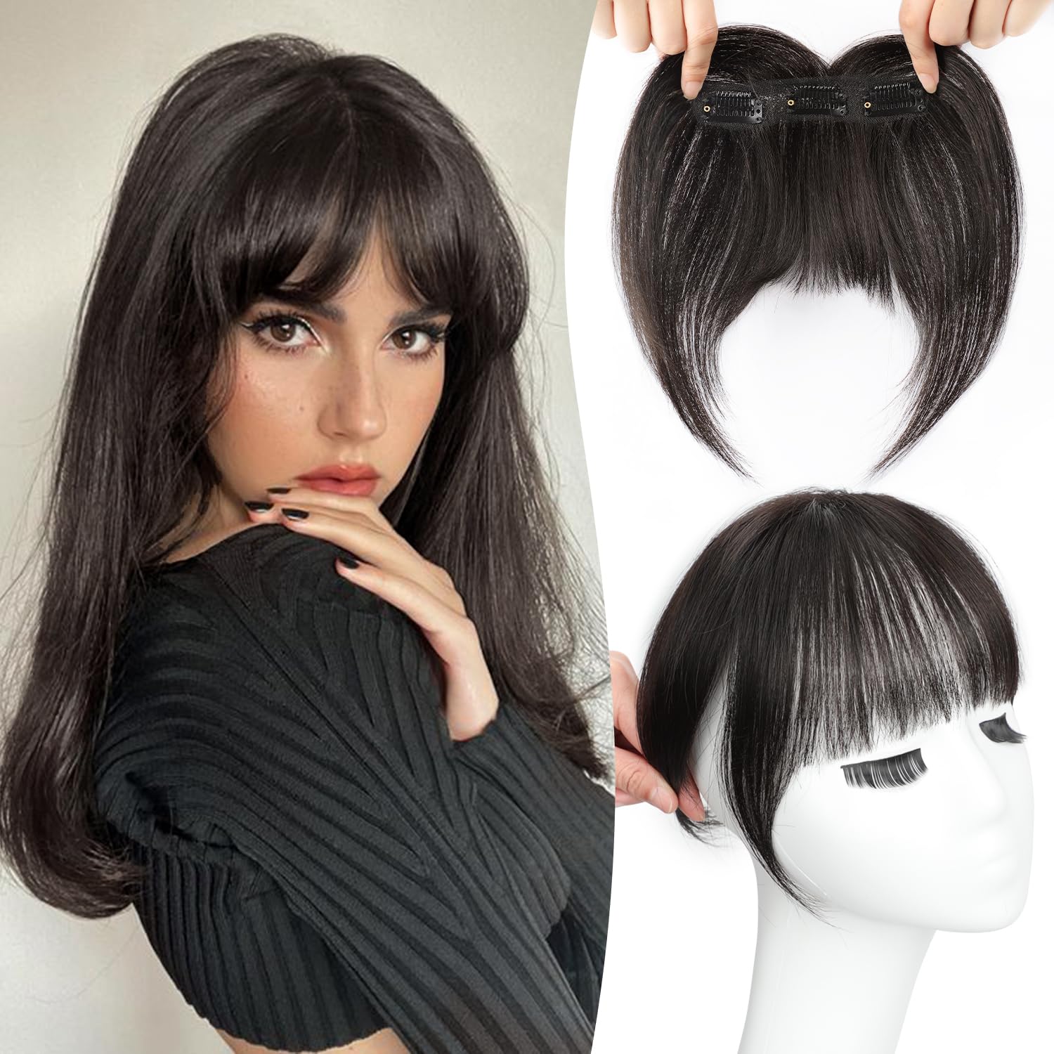 MONIXI Bangs Hair Clip in Bangs, 100% Real Human Hair Clip in Fringe, 3 Secure Clips in Full Fringe French Bangs Natural Thick Volume Fake Bangs for