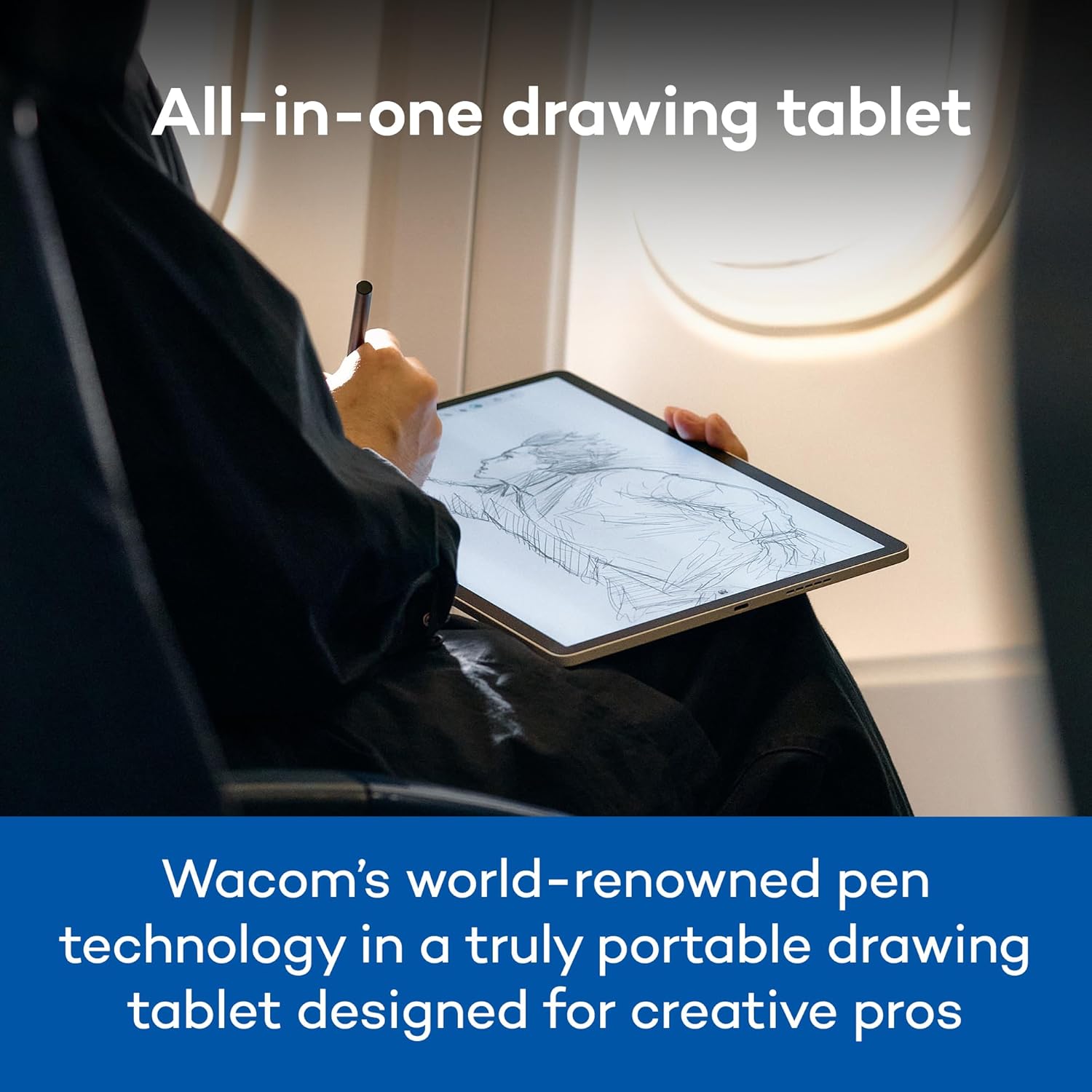 Person drawing on Wacom MovinkPad Pro 14 while traveling