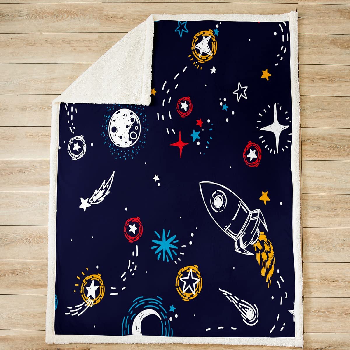 Rocket Sherpa Coperta in pile per bambini, ragazzi, ragazze, adolescenti, spazio esterno, pianeta, carino e fuzzy coperta per divano letto universo cartone animato, King 200 x 201 cm
