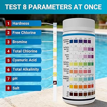2026 Salt Water 8-in-1 Pool Test Strips Kit | 150 Strips Pool Salt Test Strips | Salt Water Pool Testing Kit for Pools, Hot Tubs & Spas Quick Accurate Tests Salt, Chlorine, pH, Cyanuric Acid