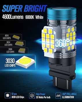 Canbus 3157 LED Bulb With Built in Resistor for Backup Reverse Lights,4600LM 6000K White 3156 3057 4157 LED Bulb for Brake Tail Turn Signal Lights Anti Hyperflash,4114 DRL Bulb(2pcs)