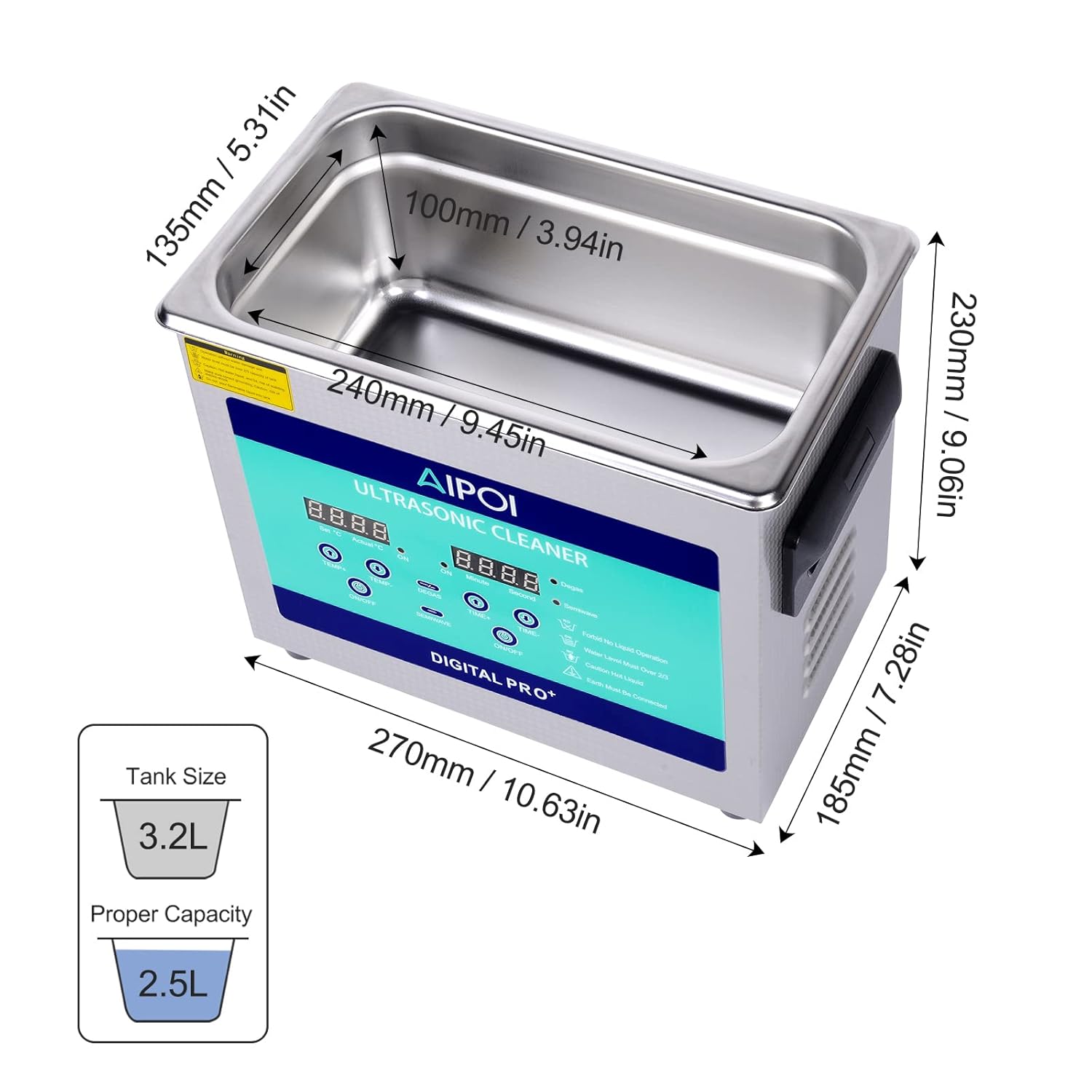 Diagram showing dimensions of the AIPOI 3.2L Ultrasonic Cleaner tank and overall unit