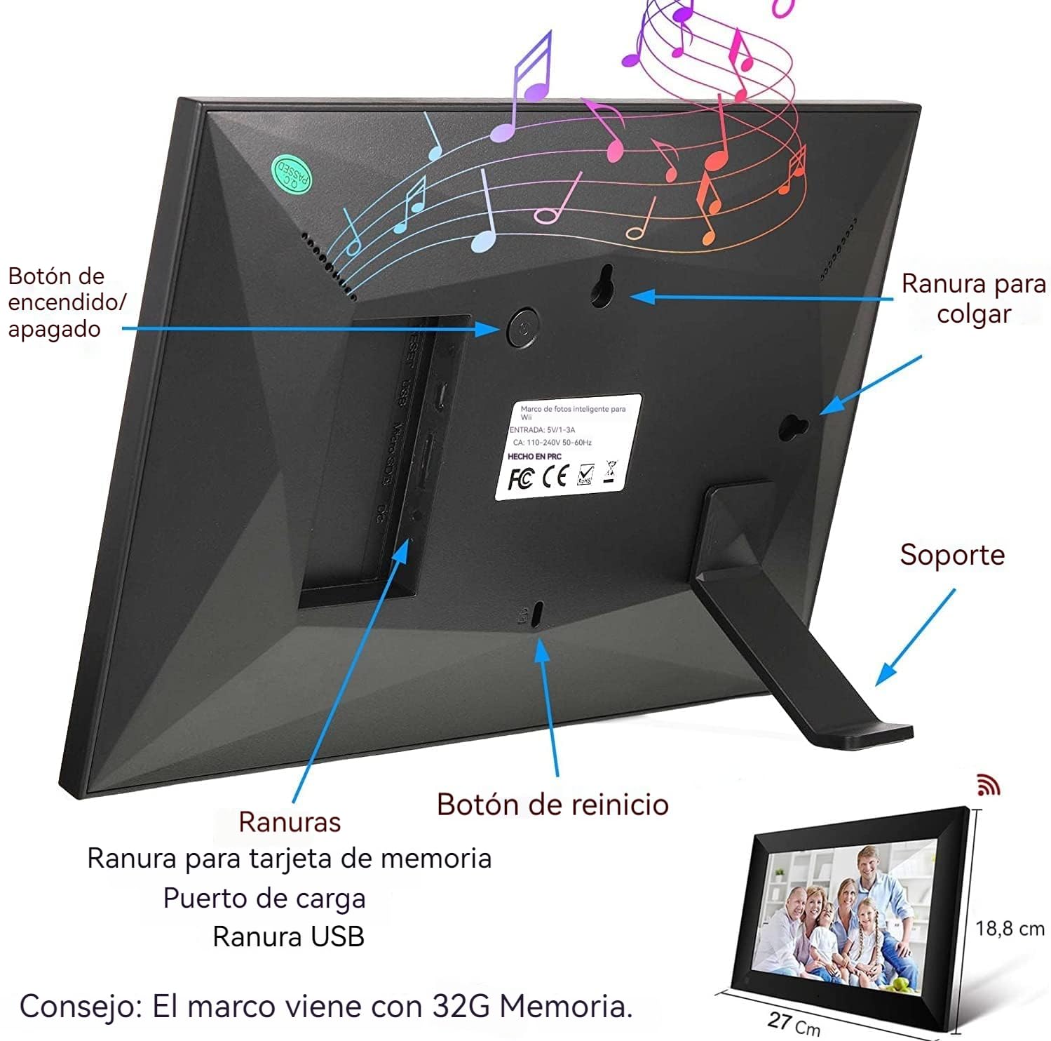 Marco de Fotos Digital - WiFi 10.1'' 32GB IPS Marco Digital | Pantalla Táctil | 1280x800P | Rotación Automática | Comparta Imagen y Videos a Través de la App | Montar en la Pared
