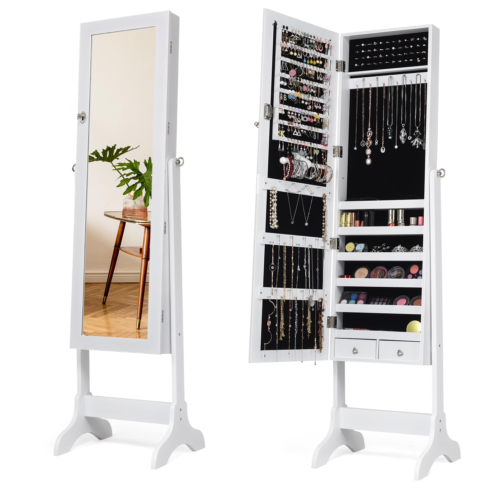 HOMASIS HOMASIS Armario para joyas de pie, Espejo de cuerpo entero con marco, Organizador de maquillaje con cerradura, Joyero 4 esquinas ajustables para anillos, ganchos para collares, 46x37x156cm (Blanco)