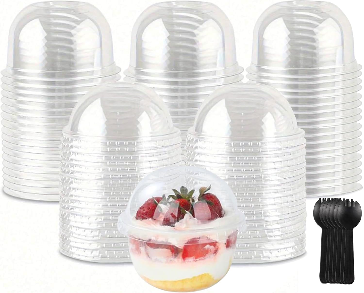 AHAQU 100PCS Dessert Cups with Lids, 250ml/8oz Disposable Parfait Cups with Sporks, Clear Plastic Cups with Dome Lids (No Hole) for Fruit, Ice Cream, Candy, Cold Drinks