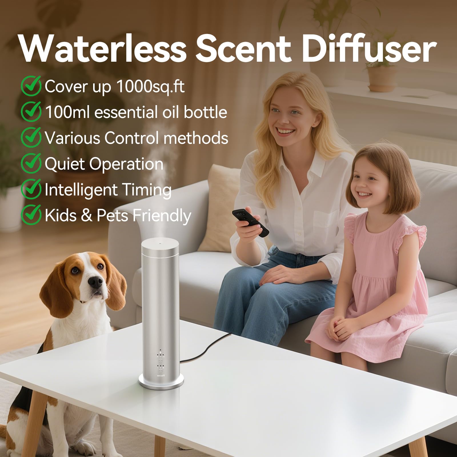Wasserloser Diffusor für ätherisches Öl mit Bluetooth – 100 ml Kaltluft-Duftdiffusor, 6 Aromatherapie-Öle & Fernbedienung – Tragbarer Aromatherapie-Diffusor für Zuhause, Büro & Spa – Silber