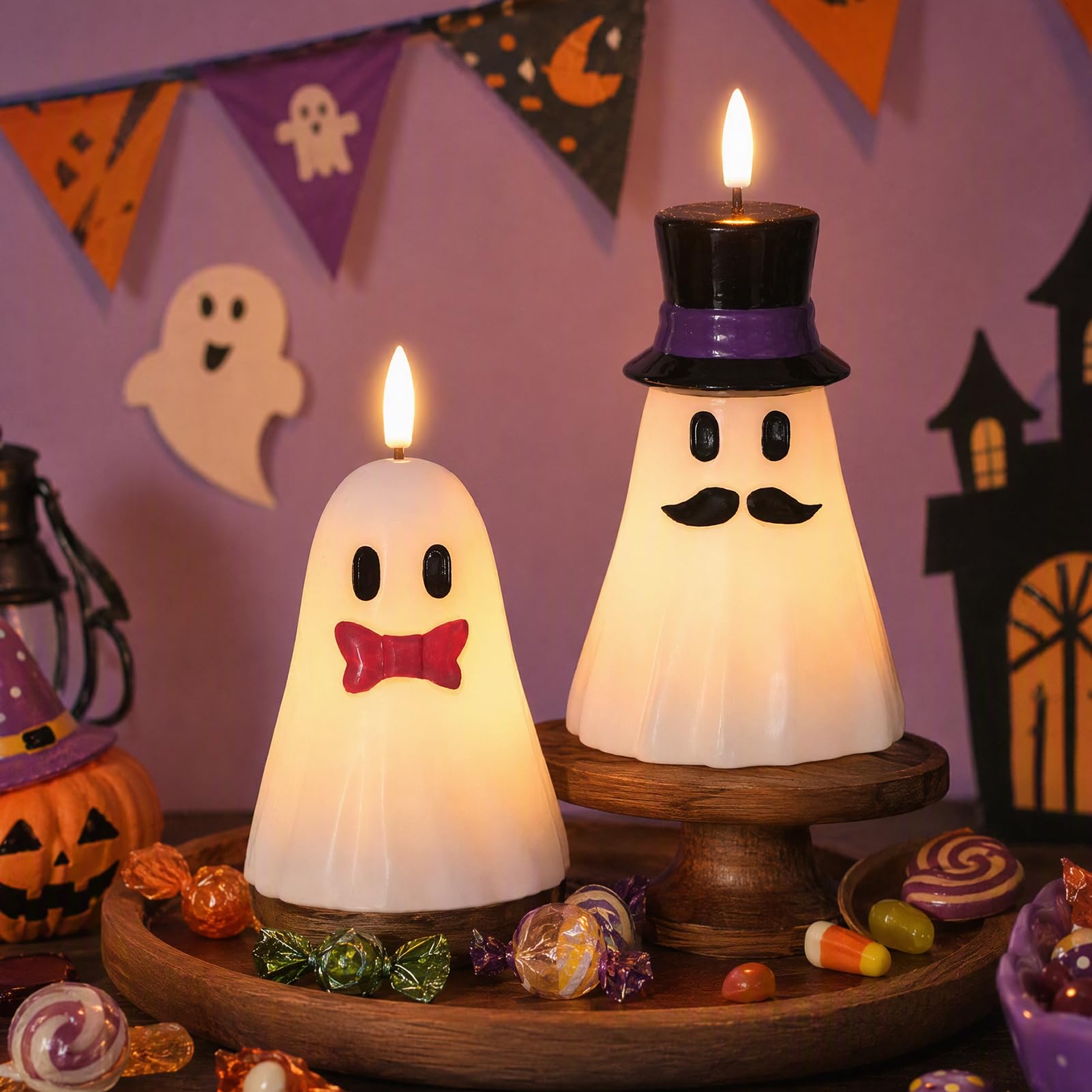 Lasumora Halloween Decor Flameless Ghost Candles with 6H Timer, 2PCS | Halloween Decorations Indoor, Halloween Flameless Candles, Halloween Candles Battery Operated, Real Wax, Hand Painted