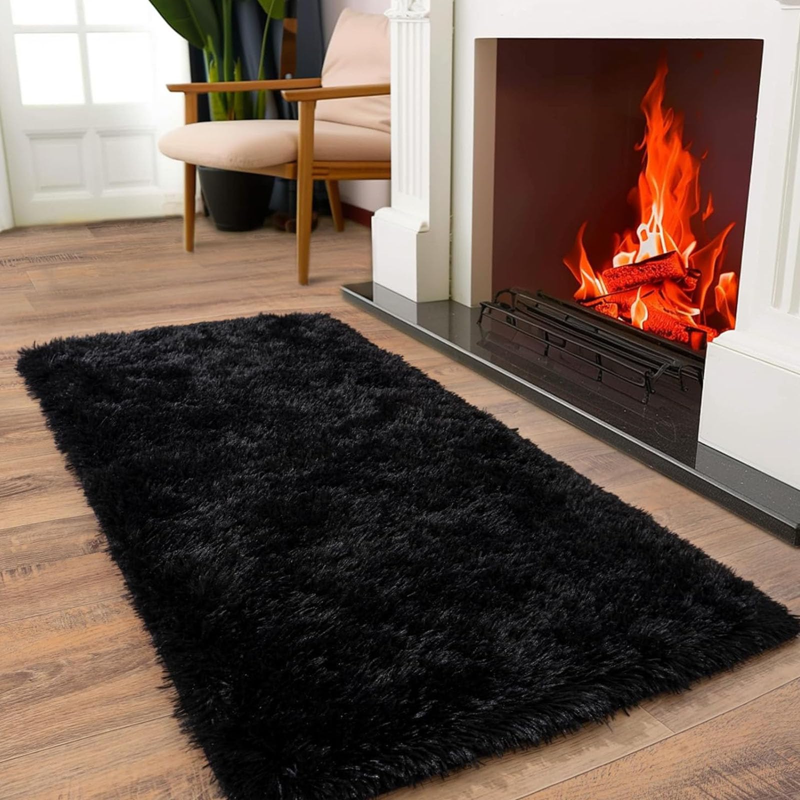 Tapis shaggy ultra doux noir design contemporain 150 cm pour intérieur chic