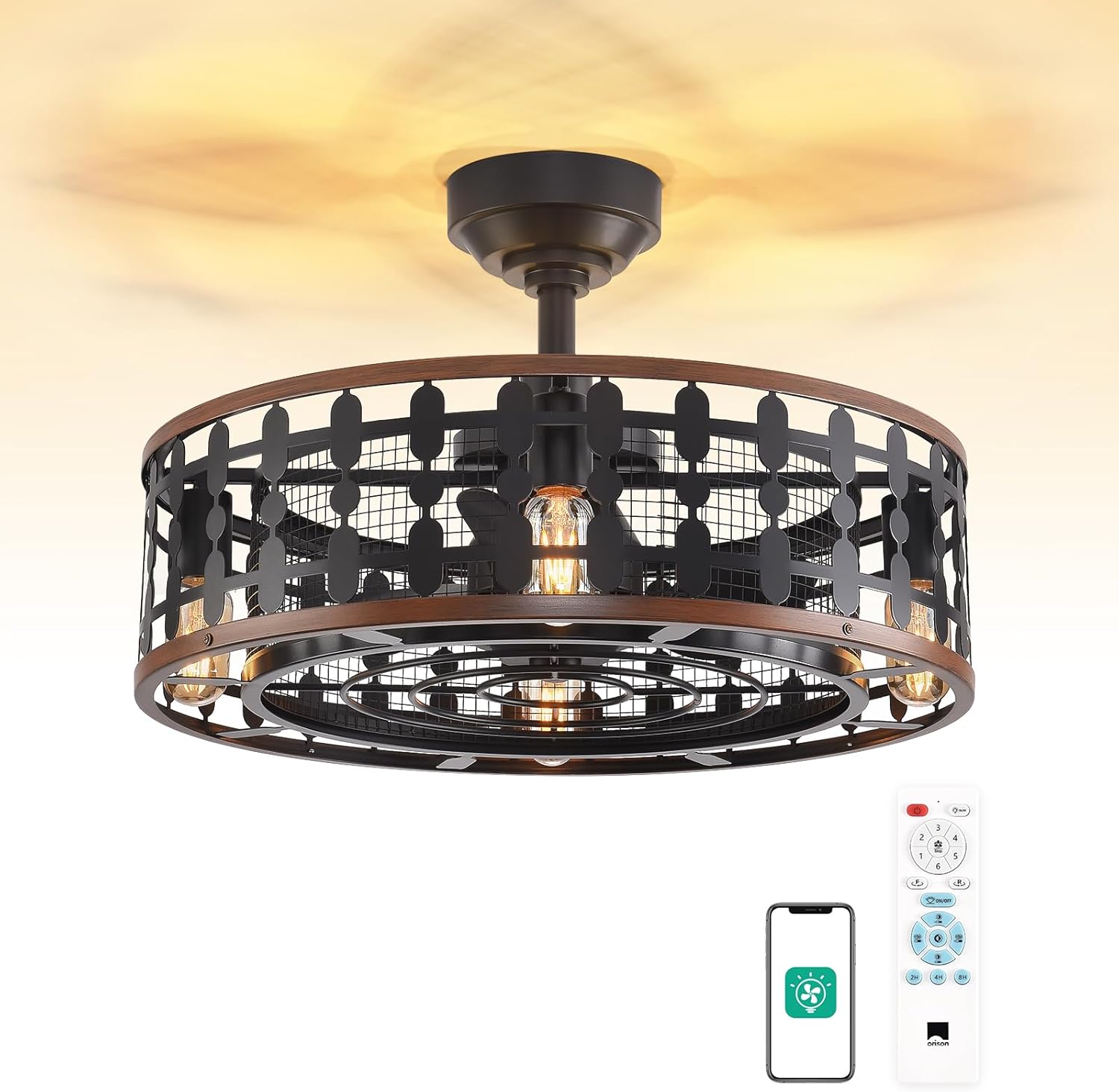 Orison 21.5'' Caged Ceiling Fan with Light, Low Profile Ceiling Fan with Light and Remote (395-Black)