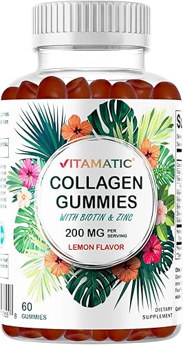 Vitamatic Gomitas de colágeno hidrolizado con vitamina C, zinc y biotina, 200 mg - Apoyo para la piel saludable - 60 gomitas