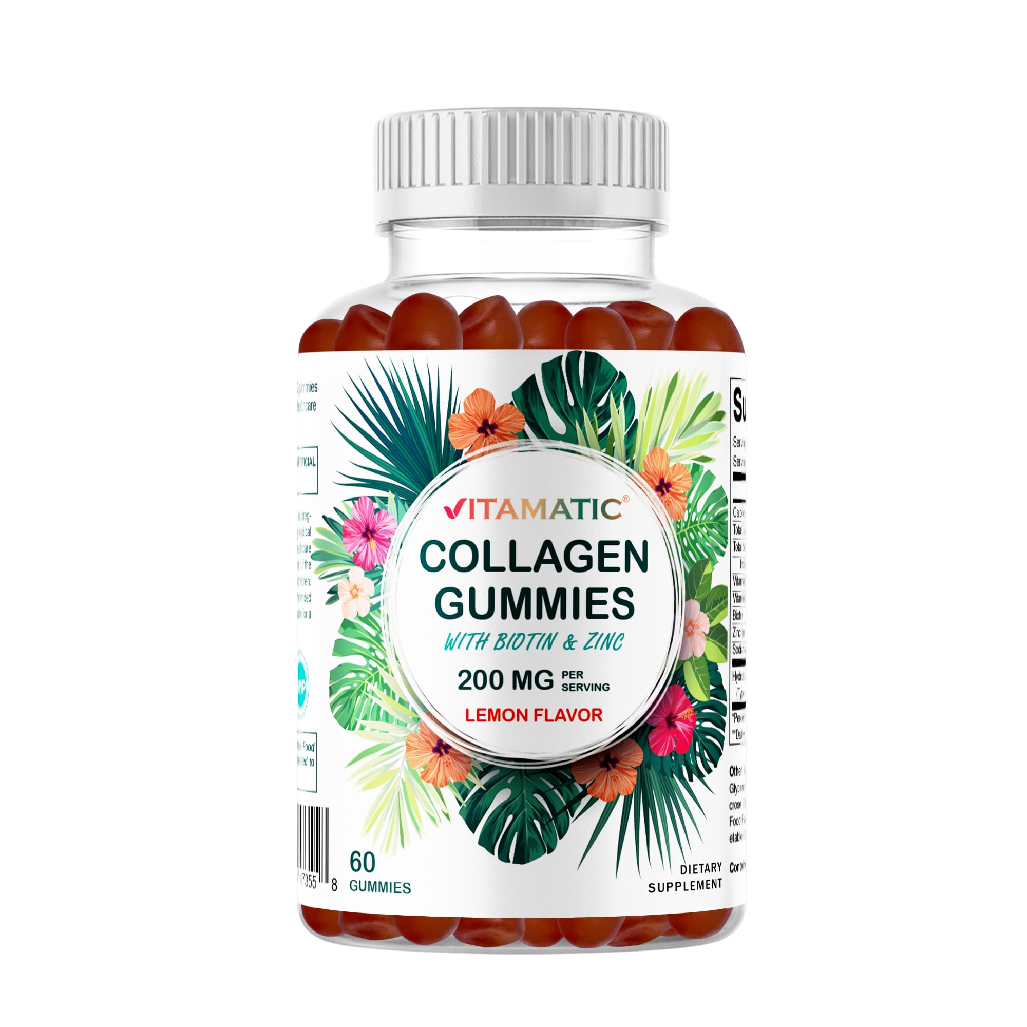 Vitamatic Hydrolyzed Collagen Gummies with Vitamin C Zinc and Biotin 200 mg - Healthy Skin Support - 60