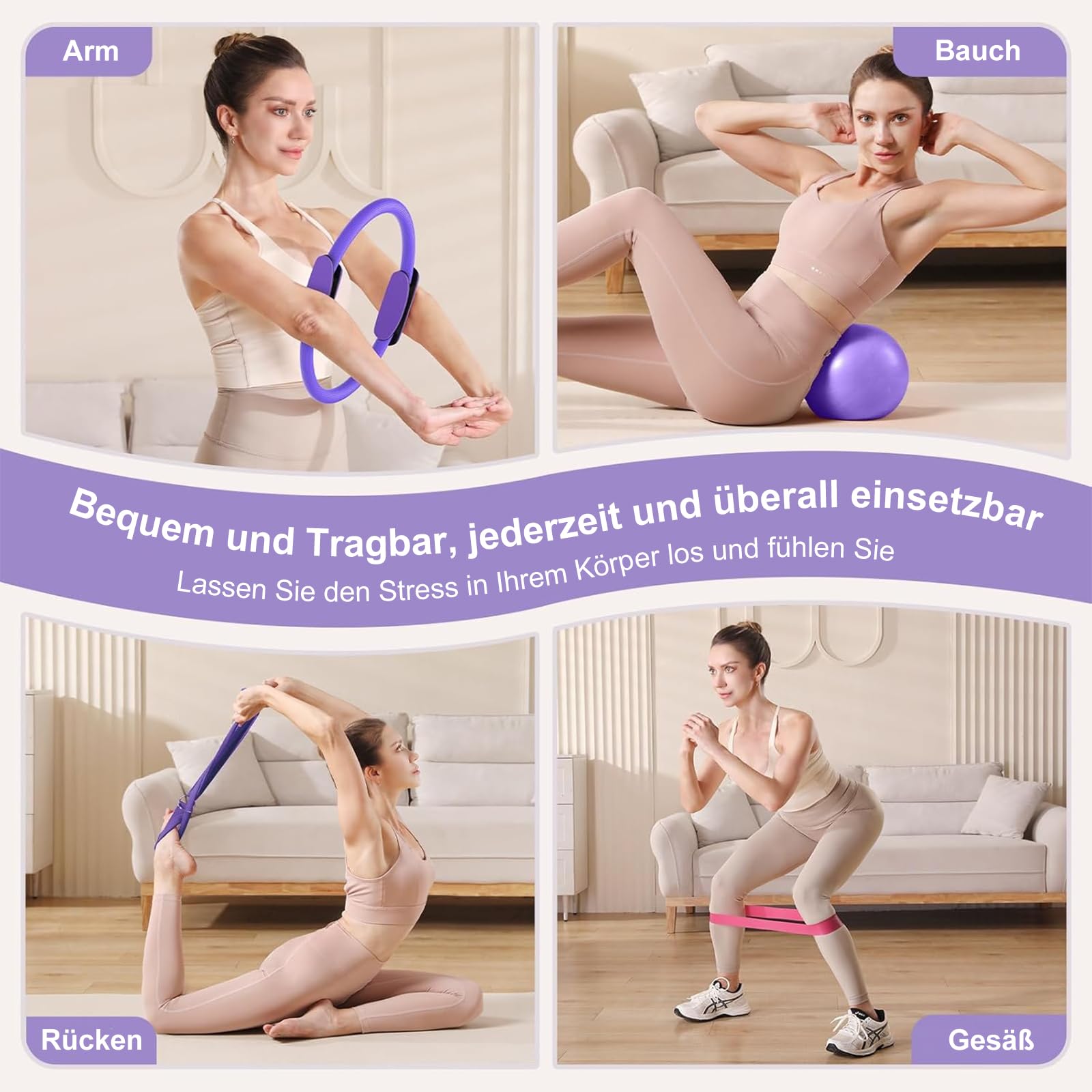 Pilates Set, Pilates Ring Zubehör Set 13 Teiliges mit Yoga Ball, Yoga Gurt, Fitnessbänder, Pilates Socken, Trainingsposter & Tragbarer Tasche, Home Pilates Essential Kit für Frauen