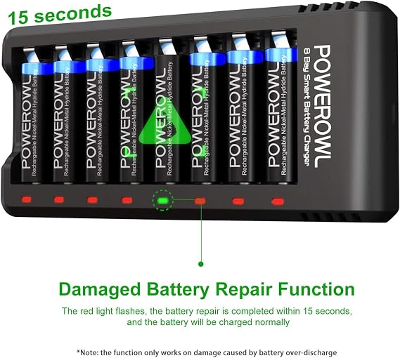 POWEROWL Gold-top Rechargeable AA Batteries PRO w/ 8 Bay Charger, High Capacity 2800mAh, Premium NiMH Double A Battery -8 Count
