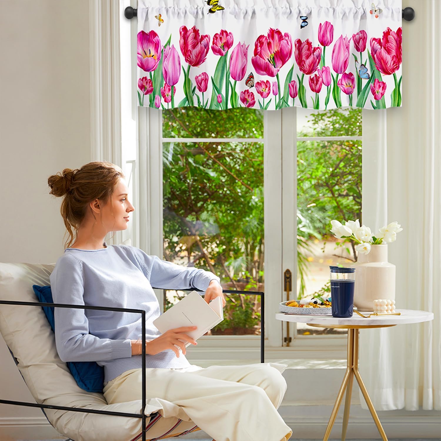 Limike Floral Kitchen Valances for Windows, Light Control Valances, Butterfly Valance Layered Over Window Treatment, Rod Pocket Curtains Valance Cost-Effective Decorating, 54" W x 18" L, 1 Panel