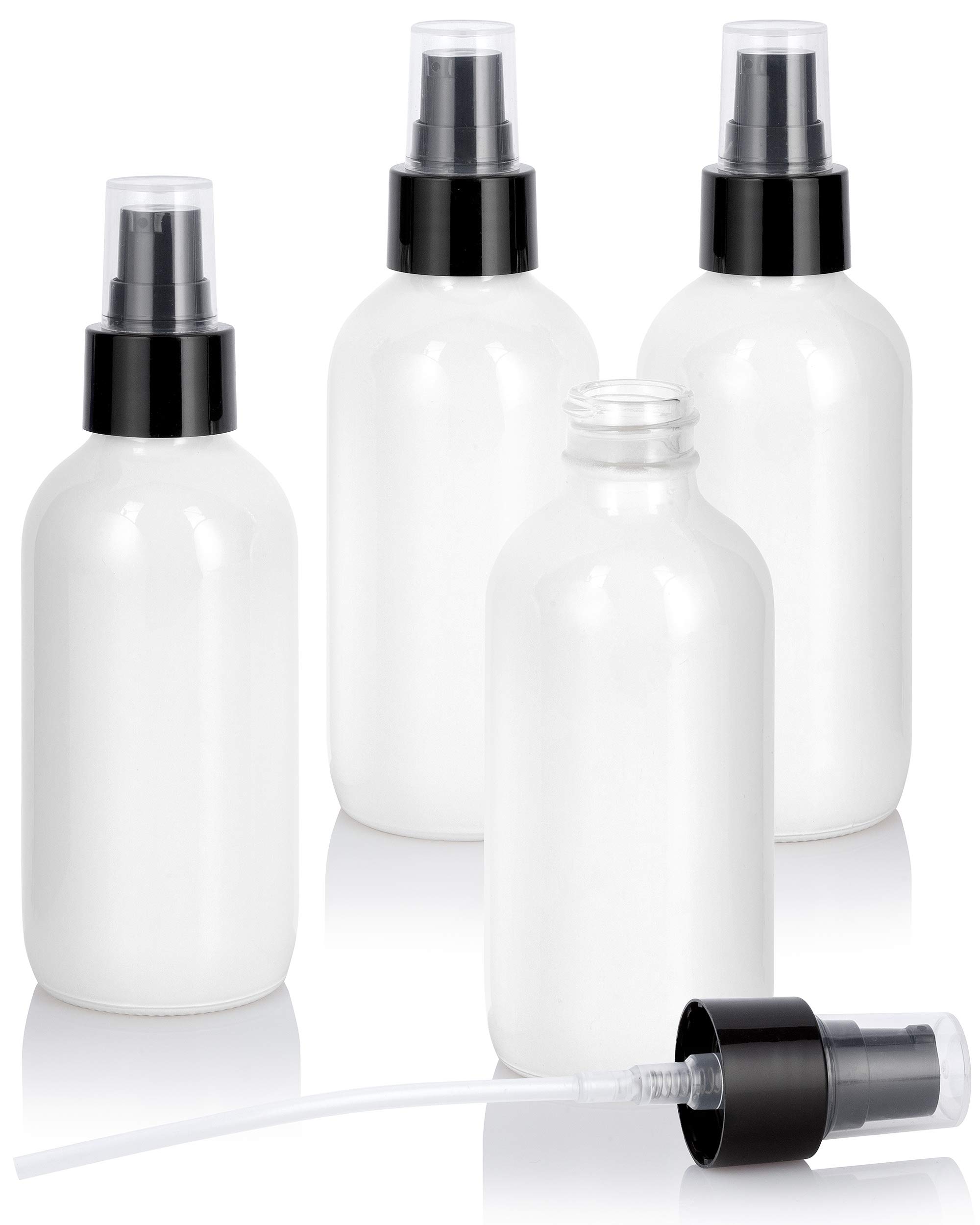 JUVITUS 4 oz / 120 ml High Shine Gloss White Glass Boston Round Bottle with Black Treatment Pump (4 Pack)