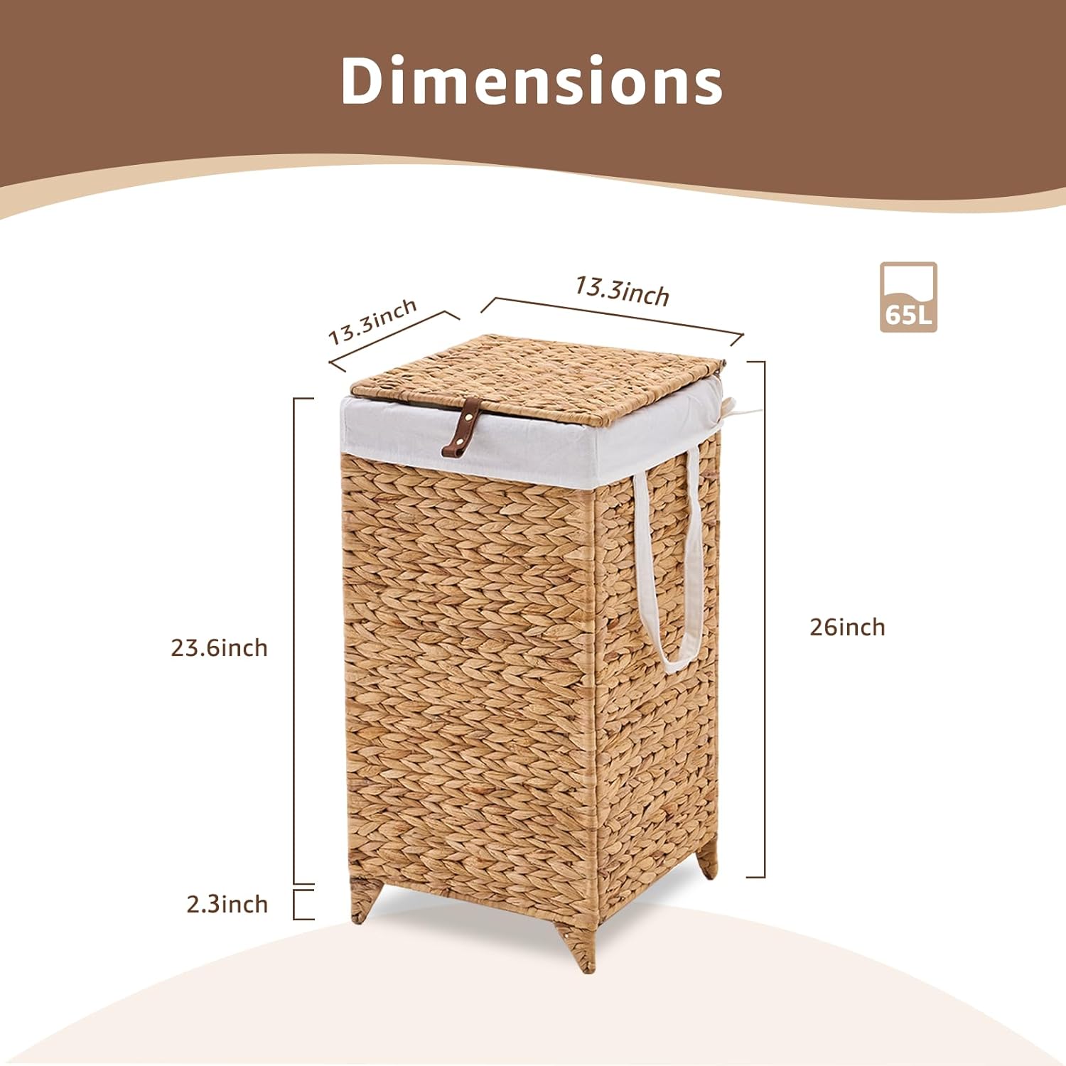 LGENHOOM Laundry Hamper with Lid and Removable Liner Bag, Handwoven Natural Hyacinth Clothes Hamper with Heightened Feet, Wicker Laundry Basket for Clothes and Towels?Small Natural 60L