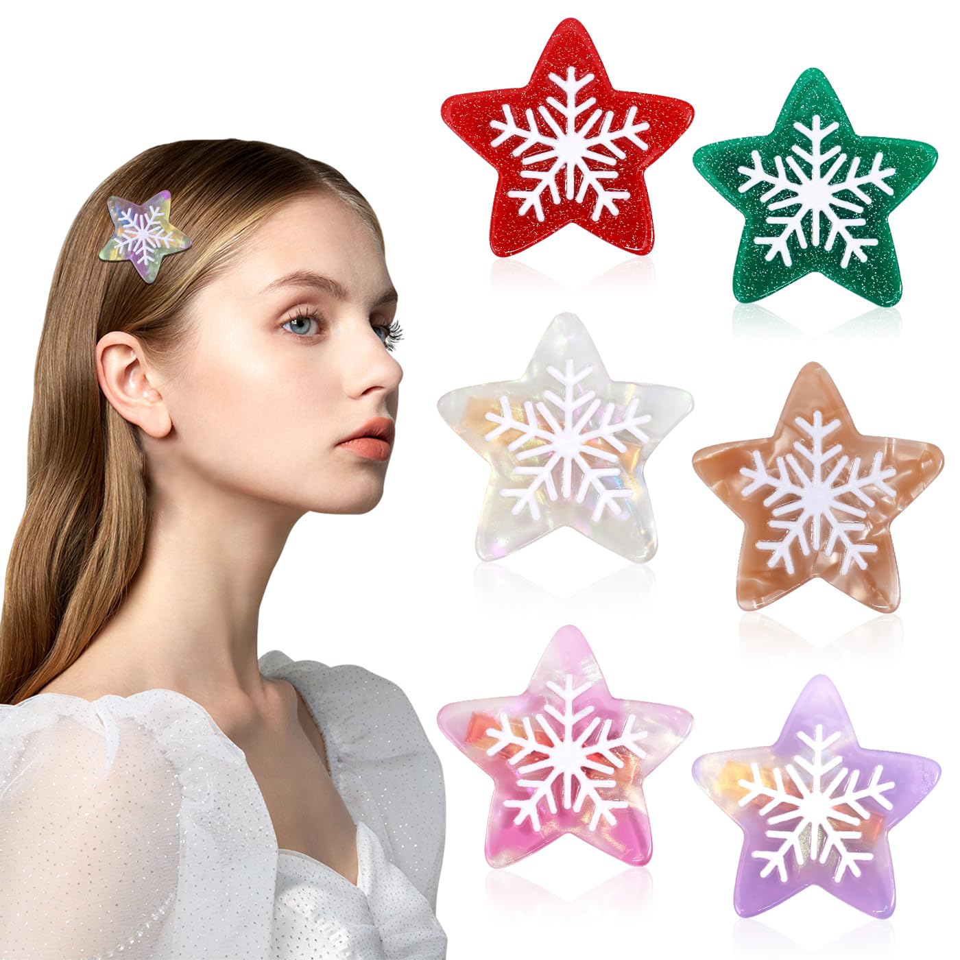 KesaPlanChristmas Star Hair Clips, 6PCS Star Snowflake No Bend Hair Clips, X-mas Star Creaseless Hair Clips, Flat Duckbill Hair Barrettes for Women Girls Teens Makeup Hairstyle