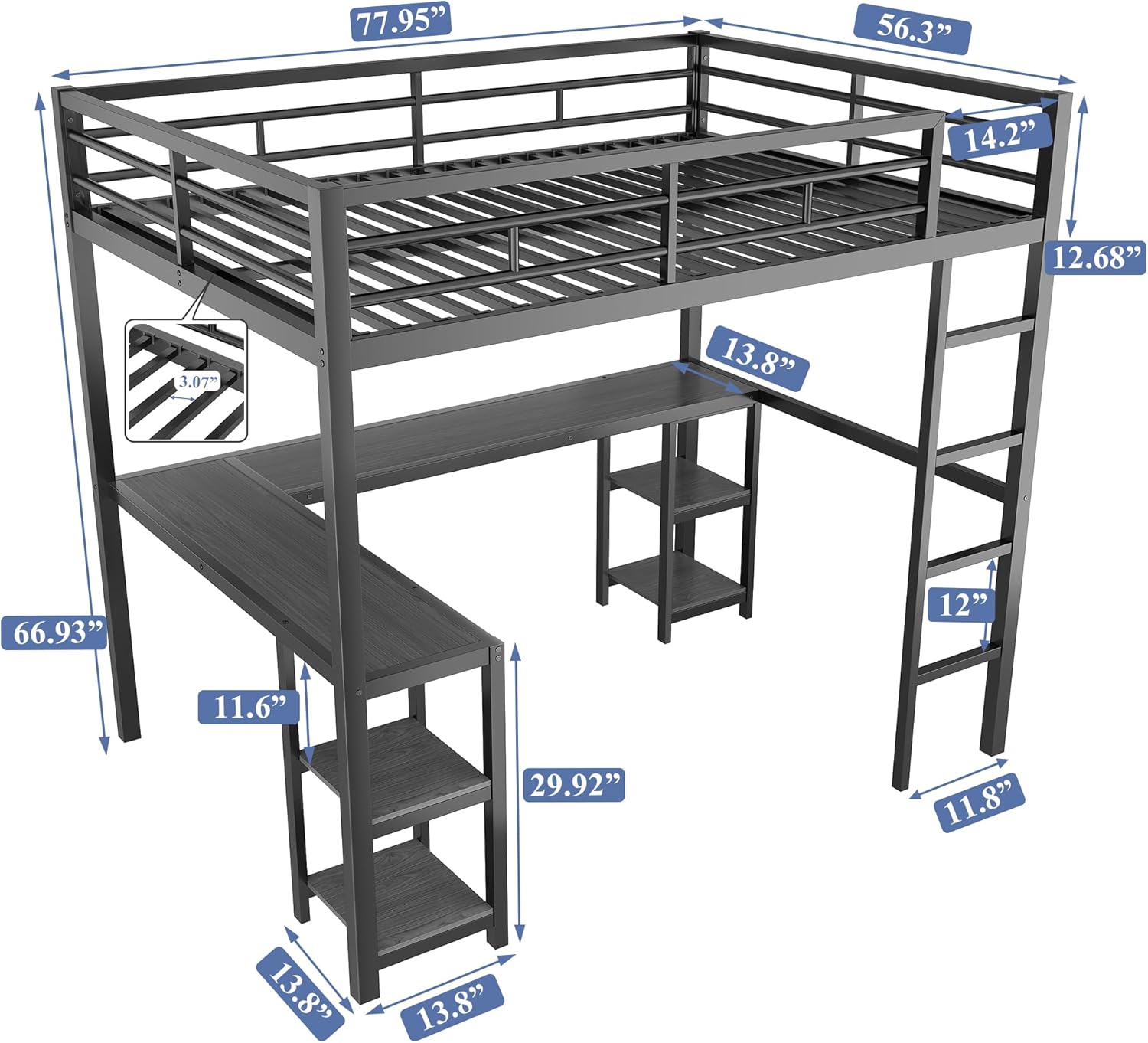 PVWIIK Full Loft Bed with detailed dimensions