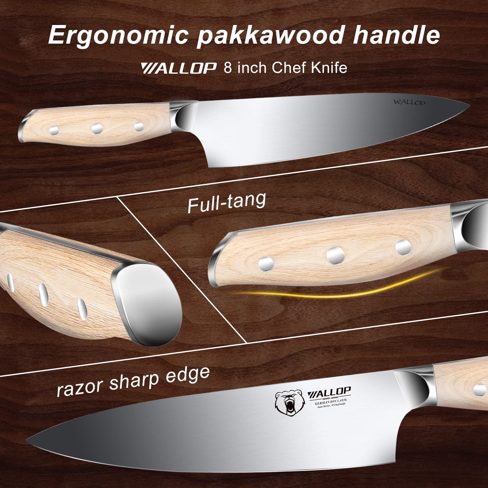 Amazon.com: WALLOP Chef Knife - Professional Kitchen Chef's Knife 8 inch  Razor Sharp - German 1.4116 HC Stainless Steel Japanese Gyuto Knife - Full  Tang Natural Pakkawood Handle with Gift Box: Home & Kitchen