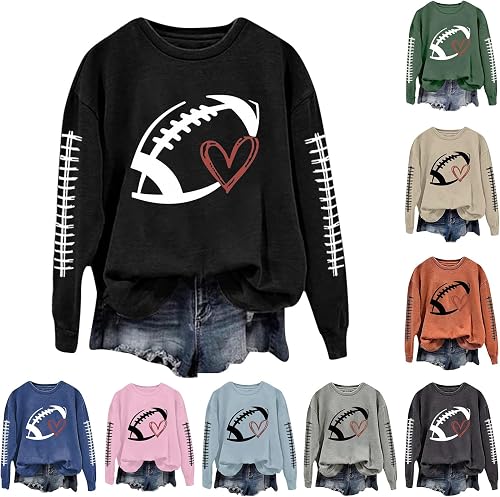 Womens Football Sweatshirt Heart Graphic Print Game Day Sweatshirt | Football Sweatshirts for Women Heart Printed Crewneck Long Sleeve Pullover Tops Baseball Mom Sweatshirt Gameday Outfits