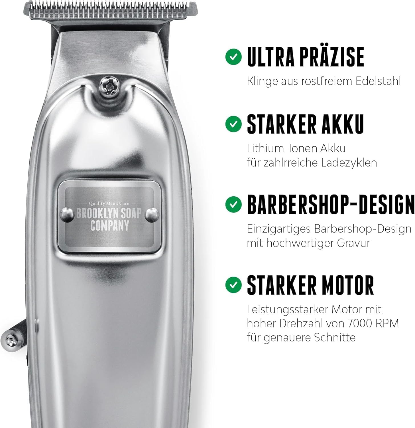 Brooklyn Soap Company - Brooklyn Blade Barttrimmer USB-C mit Zusatz-Aufsätzen - Profi Bartschneider für Herren - Edelstahl Trimmer mit 9 Aufsätzen - Elektrischer Bart Rasierer für alle Bartlängen
