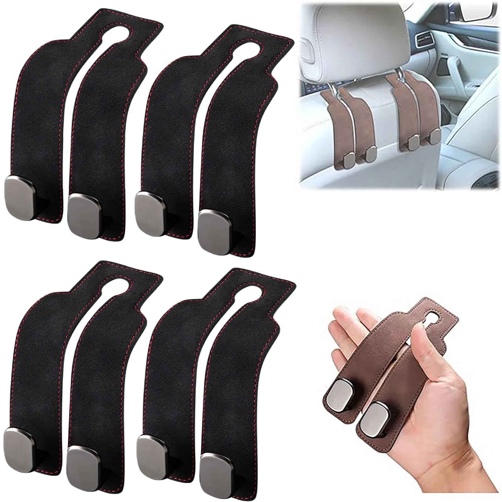 Headrest Hooks for Car, Car Seat Hooks for Headrest, Twin Hook Leather Car Headrest Hangers for Purses, Bags, Bottles, Seat Back Storage (Black 4pcs)
