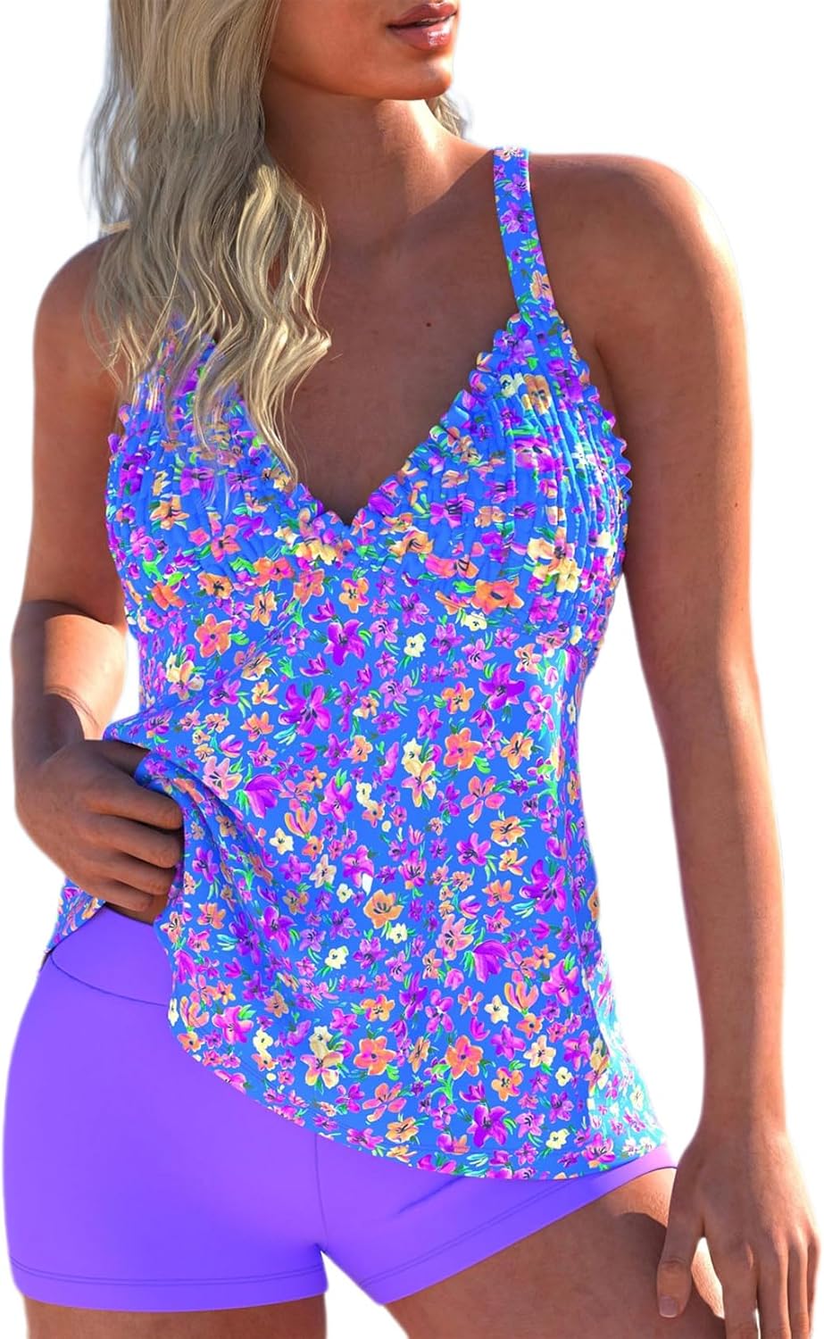 ROSEWE Womens Tankini Bathing Suits, Two-Piece Smocked Swim Dress, Print Swimsuits with Board Shorts